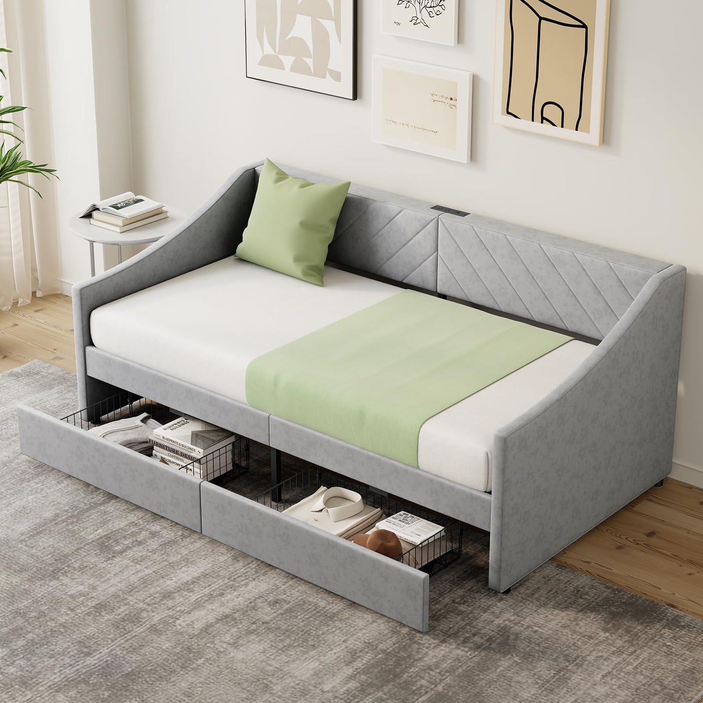Mashomdec Twin Size Daybed with 2 Storage Drawers, Upholstered Daybed Frame with Charging Station, Heavy Duty Sofa Bed for Bedroom, Living Room, No Box Spring Needed,Easy Assembly