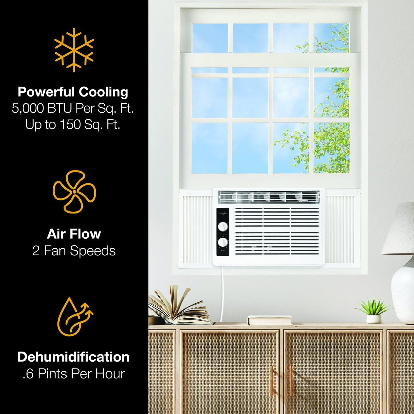 Whirlpool 5,000 BTU 115V Window Air Conditioner & Dehumidifier with Mechanical Controls, Window AC Unit for Apartment, Dorm Room, & Small Rooms up to 150 Square Feet in White