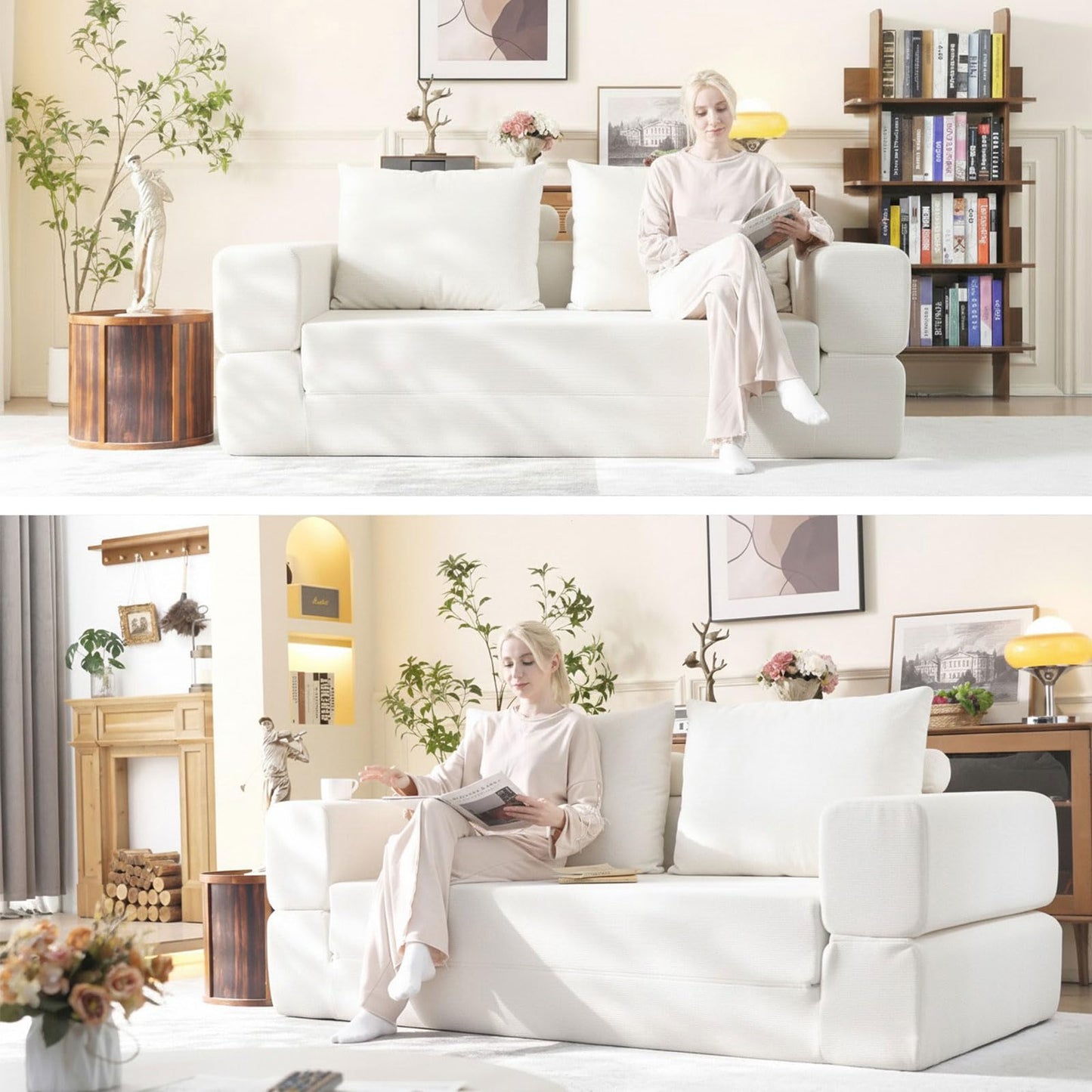 WHGBJA Oversized 79” Double Chaise Lounge Sofa Bed, Deep Seat Corduroy Cloud Loveseat Chair, No Assembly, Plush Upholstered Sleeper for Living Room or Bedroom (White)