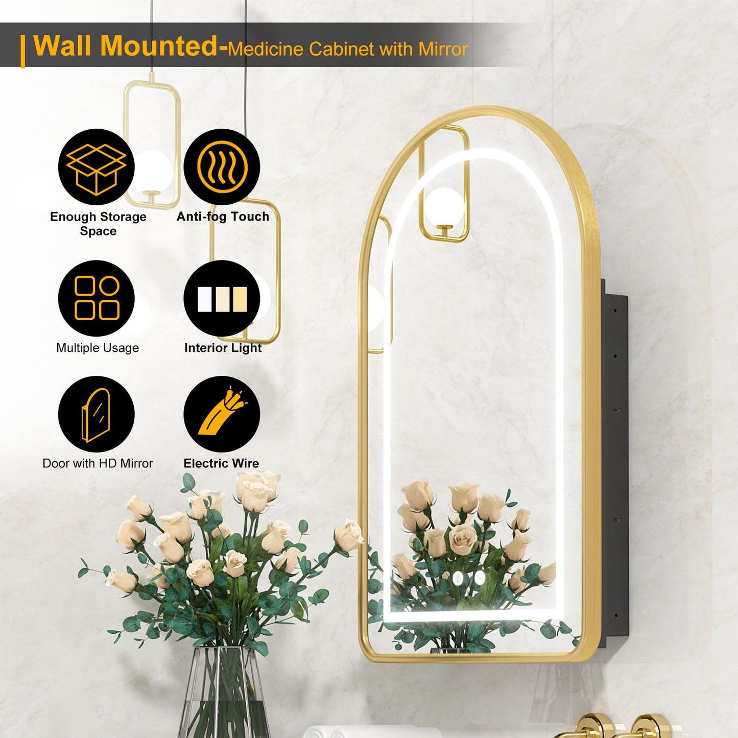 Mepplzian Lighted Arched Medicine Cabinet with LED Mirror - 20x31 Inch Recessed Bathroom Storage, Gold Arched Wall Mounted Mirror Cabinet, Arch Medicine Cabinet with Lights,Anti-Fog