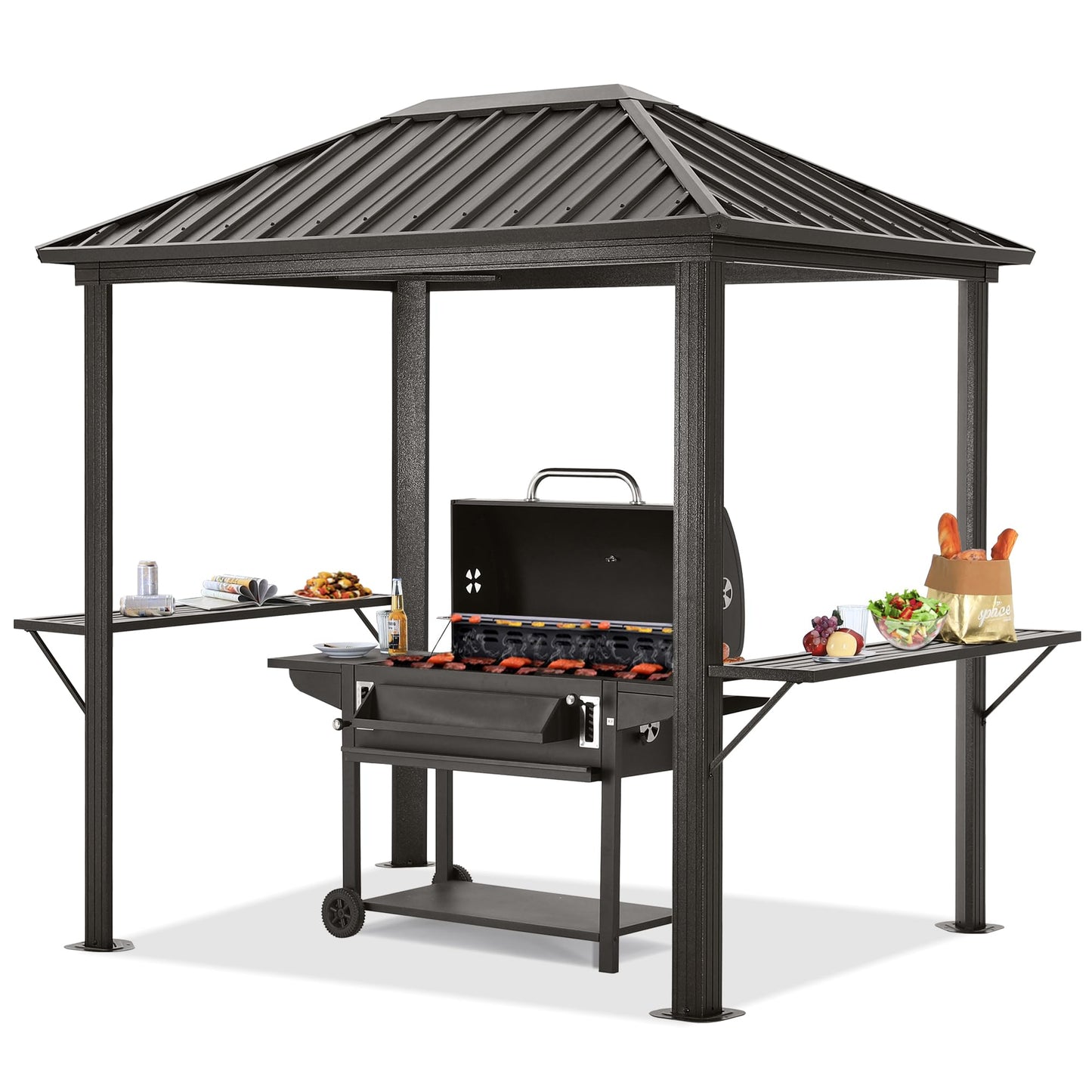 ABCCANOPY 6x8 Grill Hardtop Gazebo - Outdoor Permanent Barbecue Gazebo with Galvanized Steel Roof, Aluminum BBQ Canopy with Shelves for Patio, Lawn, Garden (Single Roof, Gray)