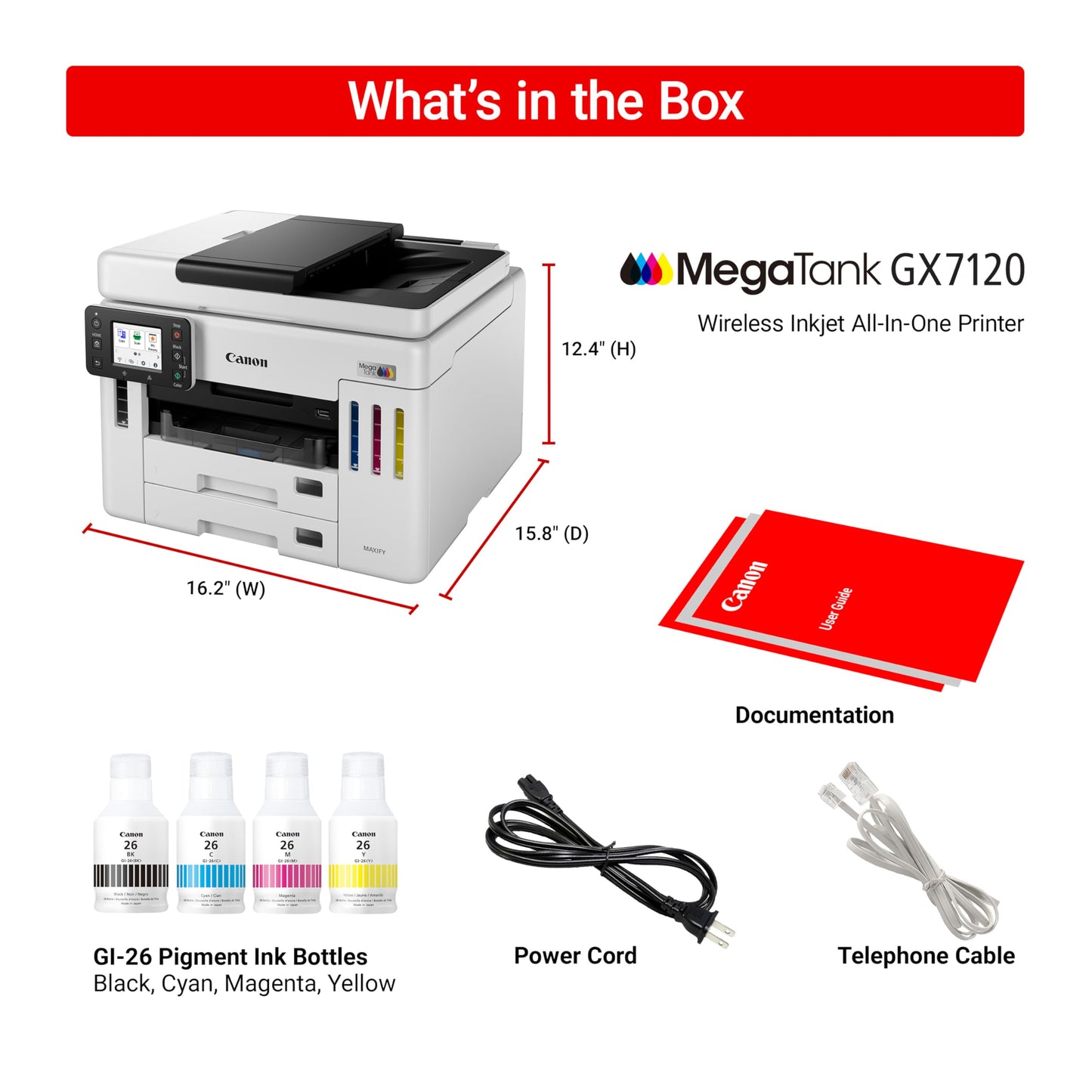 Canon Megatank GX7120 Wireless All-in-One Printer, Print, Copy, Scan and Fax with 2.7" LCD Touch Screen and Auto Document Feeder, White