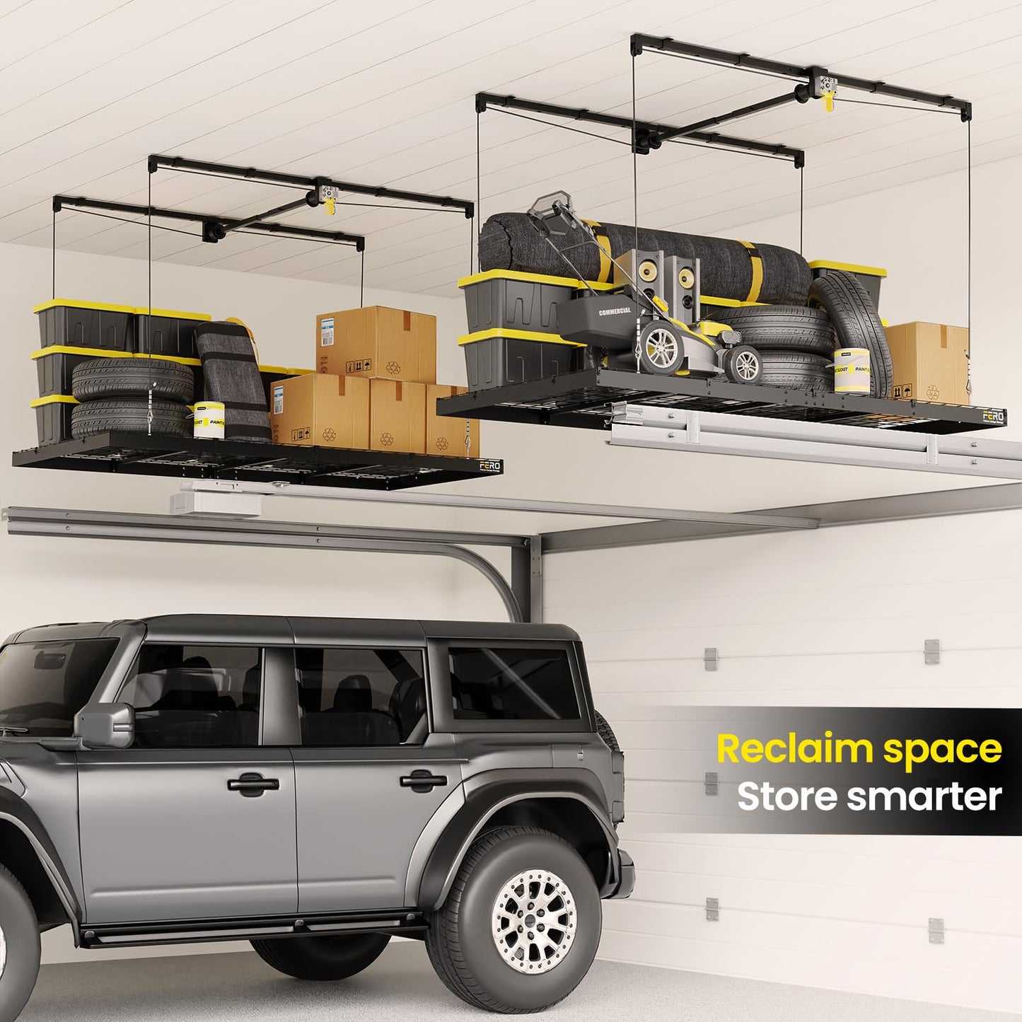 FERO Overhead Garage Storage Rack 4x8, 500 lb Heavy-Duty Capacity, Ceiling Mounted Storage Lift with Safety Lock, Drop Down Overhead Storage System, Garage Ceiling Hoist Organizer