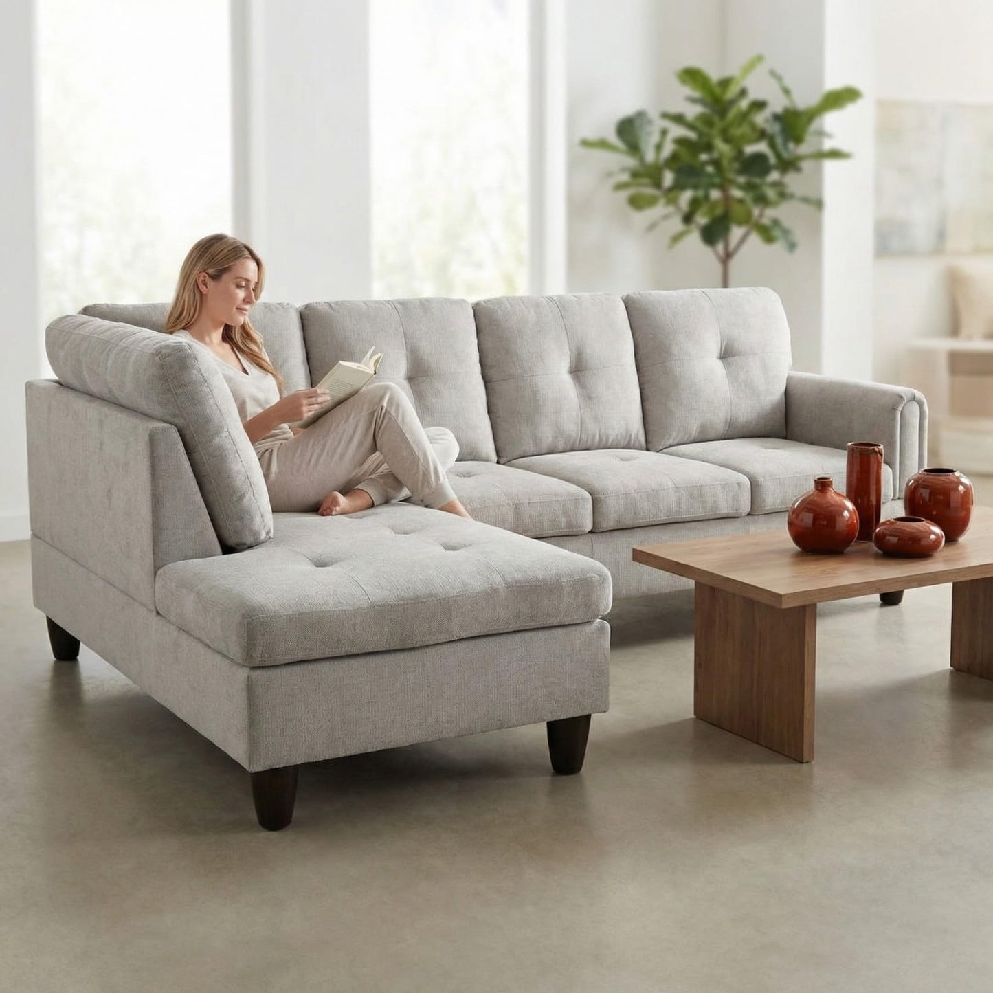 NicBex Comfy Couches for Living Room, 2-Piece 97" L-Shaped Sectional Couch with Movable Chaise, Modern Sofa Living Room Set for Apartment, Office & Bedroom, Grey White