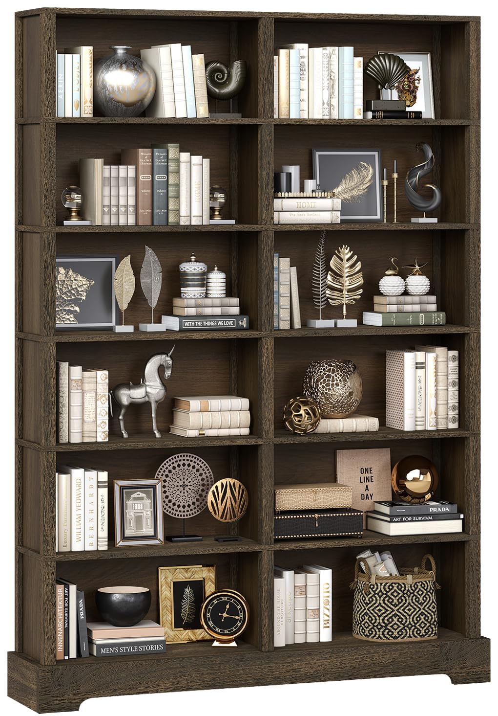 TVU 6-Tier Wood Book Shelf, 47" Wide Large Bookcase and Bookshelf, 76" Tall Bookcase with Storage, Freestanding Wood Display Book Shelves for Living Room, Home Office, Walnut