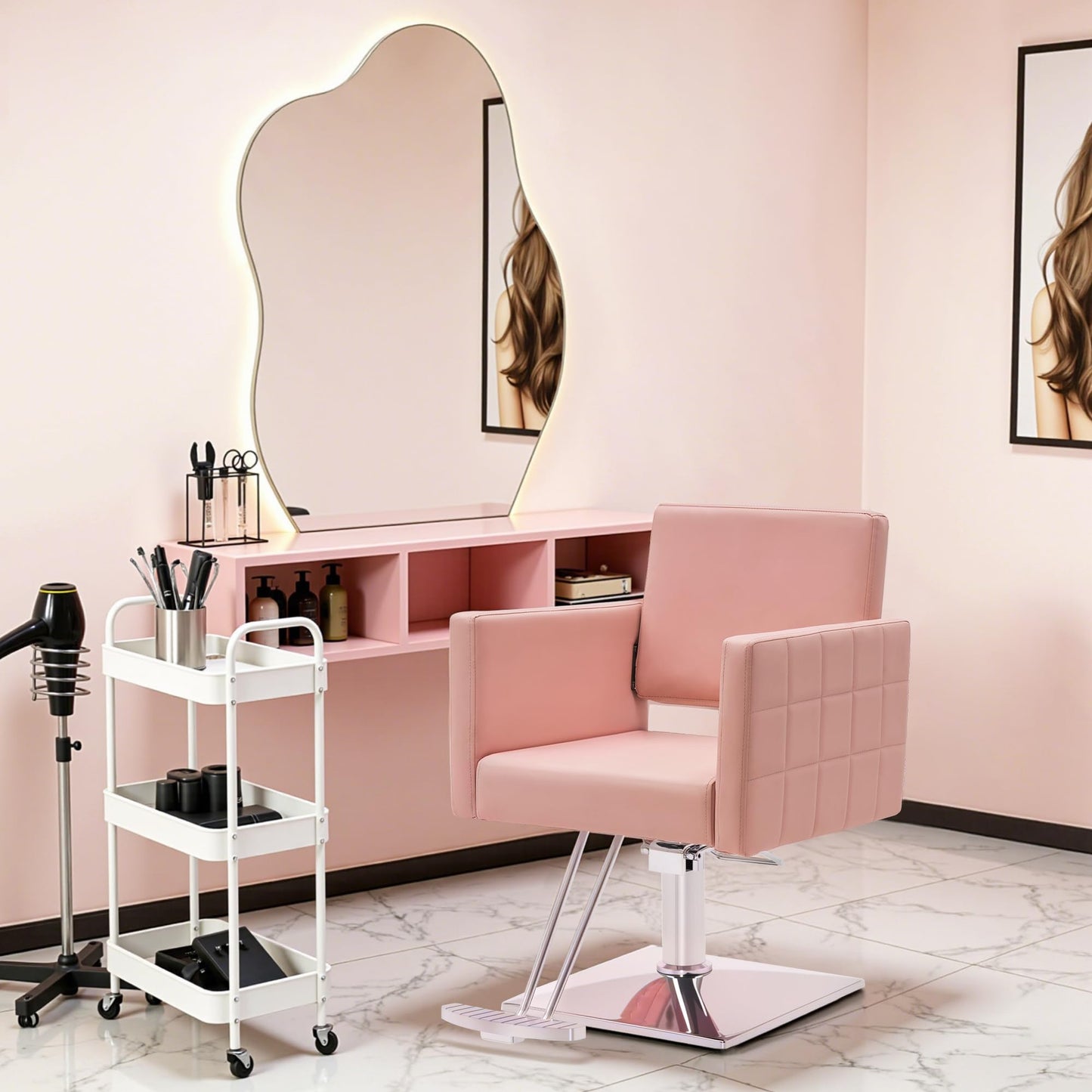 BarberPub Salon Chair for Hair Stylist, Hydraulic Stylist Chair, Adjustable Height, PVC Leather, 360 Degrees Swivel, Barbershop, Home Salon, Adult 8821 (Pink)