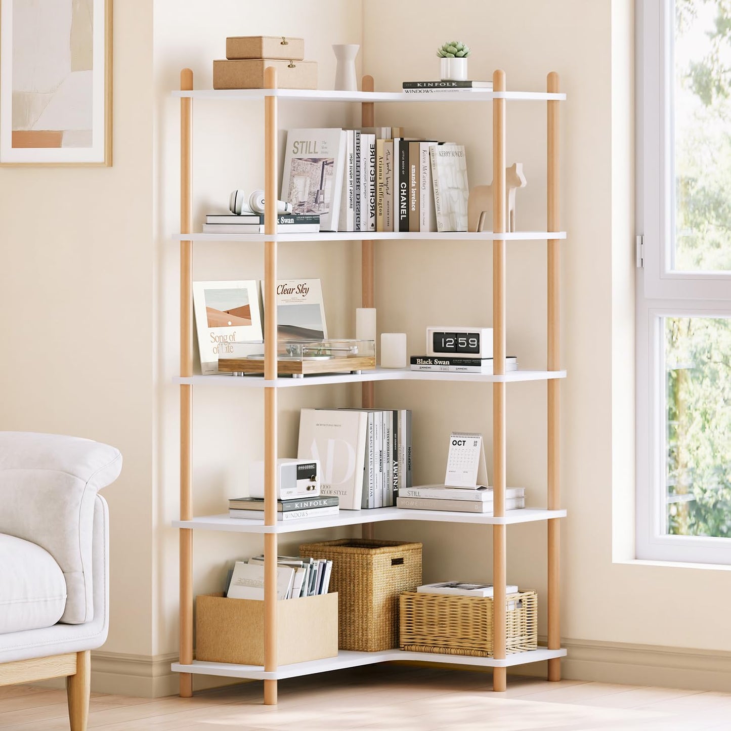 LUSHF L-Shaped Open Corner Bookshelf - 5-Tier Freestanding Bookcase, White