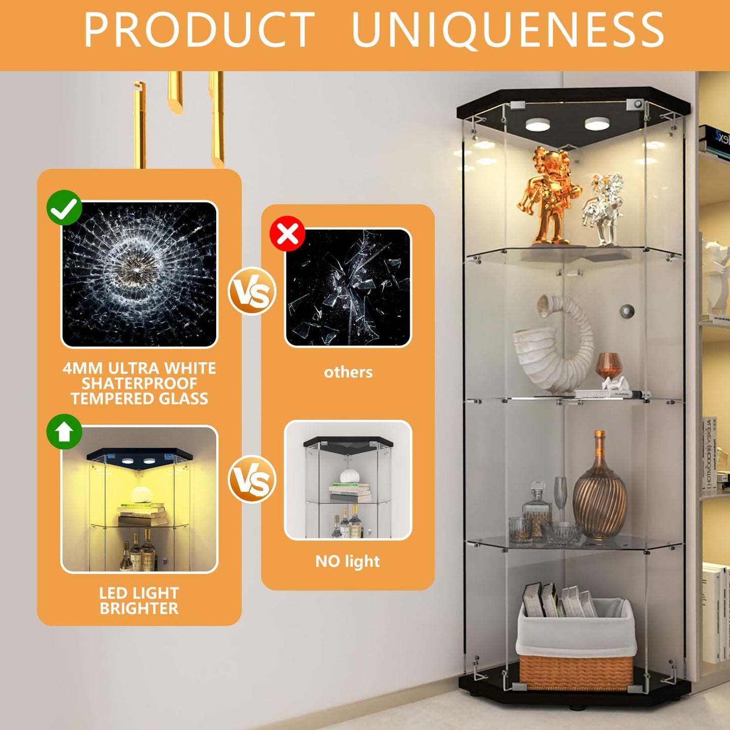 Beauty4U Glass Display Corner Cabinet with Light, 4 Shelves, Curio Cabinets for Living Room, Bedroom, Office, Black Floor Standing Glass Bookshelf, Quick Installation