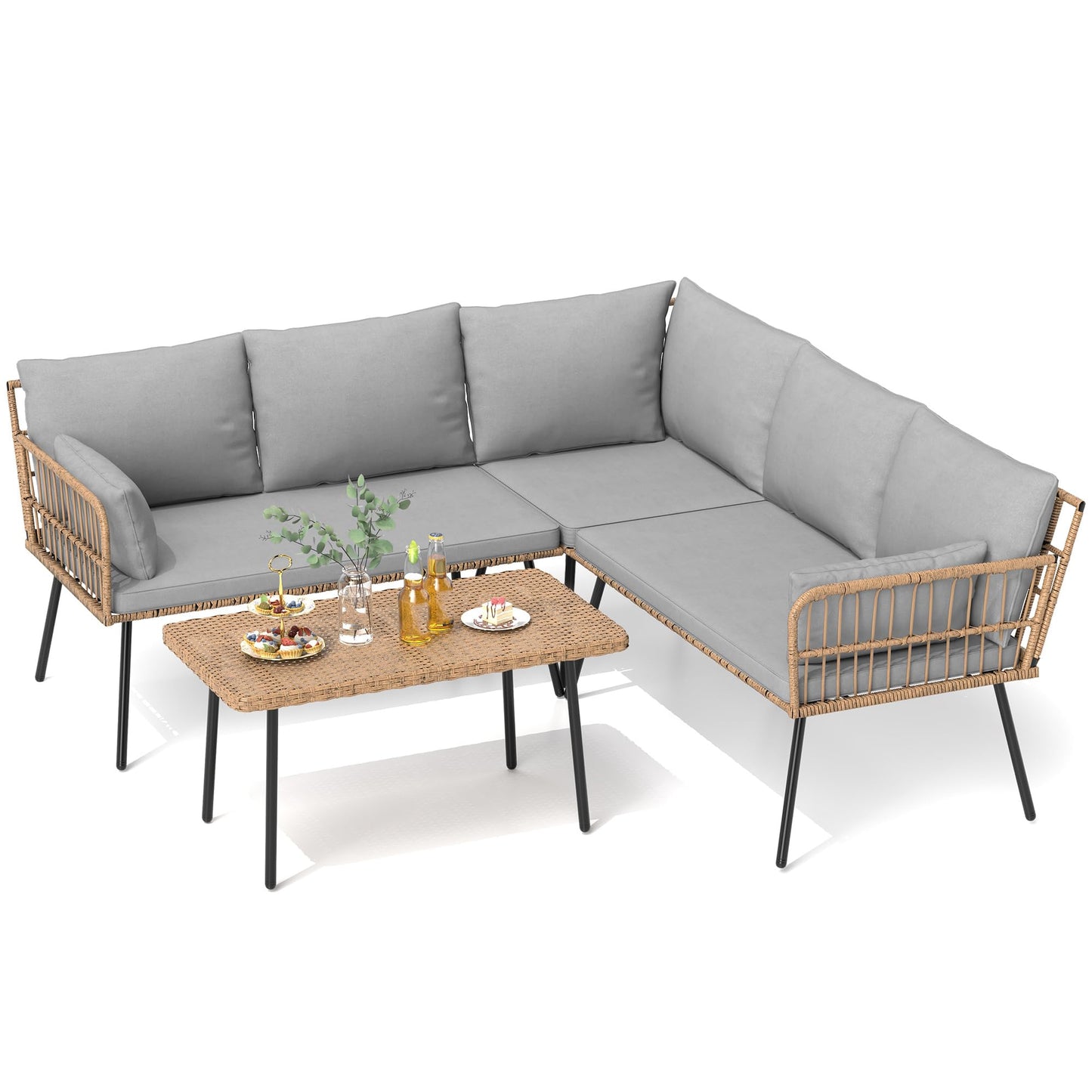 DWVO 4-Piece Outdoor Sectional Sofa Set, All-Weather Wicker L-Shaped 5-Seater Patio Furniture with Removable Cushions & Side Table, Boho Conversation Set for Backyard, Porch, Deck (Grey)