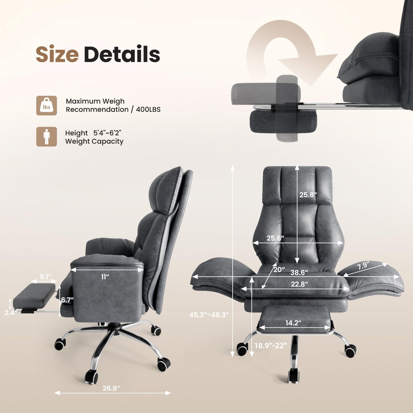 Big and Tall Office Chair, Flip Armrests for Pets & Cross Legged Sitting, Executive Ergonomic Computer Gaming Chair with Foot Rest, Teddy Fleece Wide Seat Reclining Desk Chair, White Vanity Chair