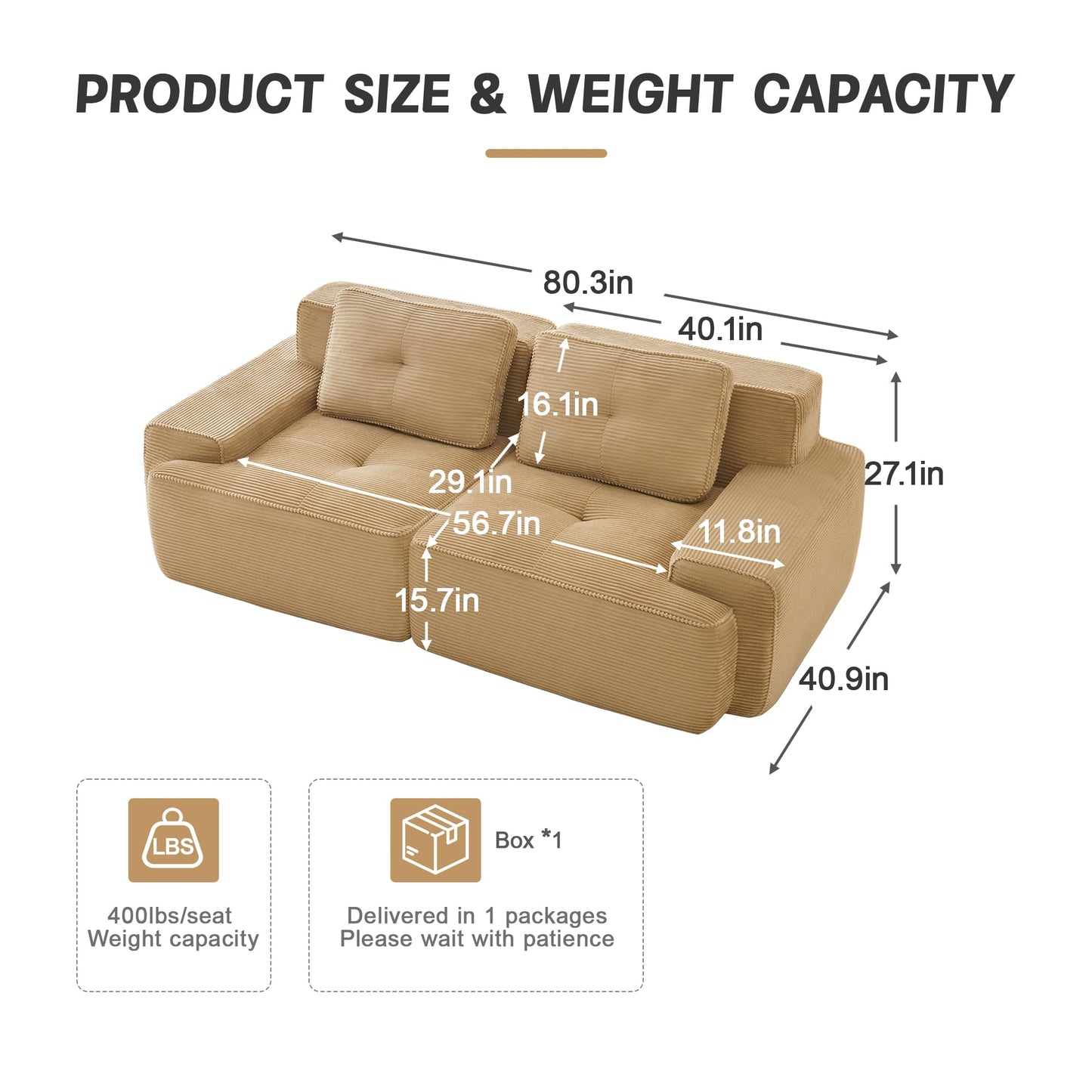 KEIKI 80" Oversized Corduroy Modular Sectional Loveseat Sofa with High-Density Foam Cushion & 2 Pillow, Upholstered Anti-slip Design 2-Seater Tufted Couch, No Assembly Required, for Living Room, Camel