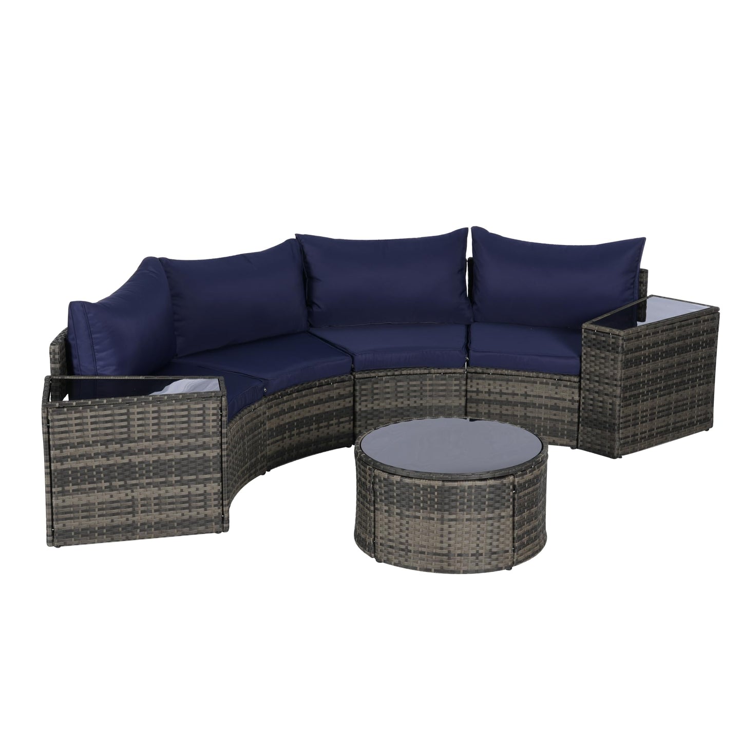 KEIKI Outdoor Patio Furniture 7-Piece Half-Moon Curved Sectional Sofa Set, All-Weather Wicker Patio Conversation Set with Round Coffee Table and 2 Storage Armrests for Poolside Backyard, Dark Blue
