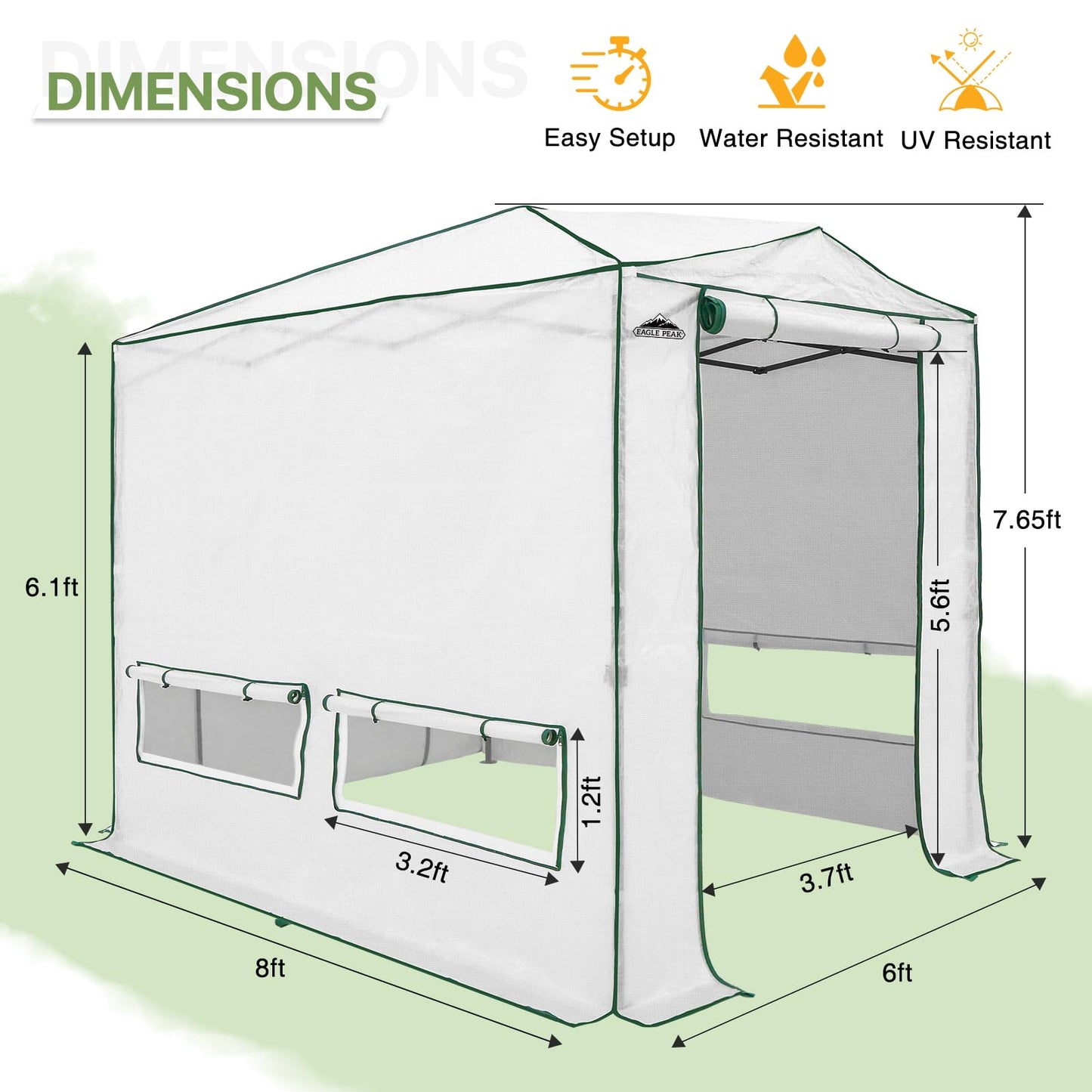 EAGLE PEAK 8x6 Portable Walk in Greenhouse, Pop Up Indoor Outdoor Greenhouse, Green House Kit with Zippered Roll-Up Doors and Windows, Woven Cover, Translucent