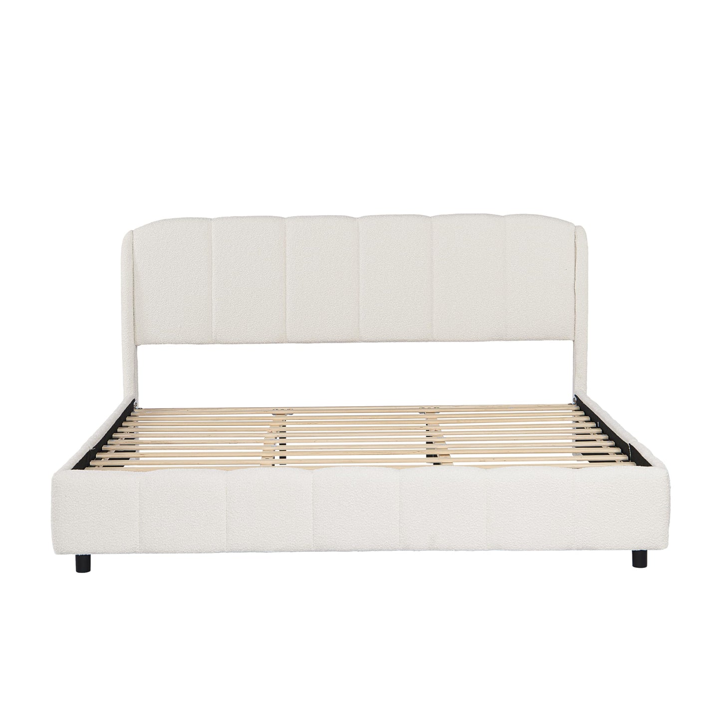 Merax King Size Boucle Upholstered Platform Bed Frame, Curve-Shaped Rounded Headboard, Box Spring Not Required, Soft Plush Fabric Bed for Master Bedroom, Guest Room, Beige