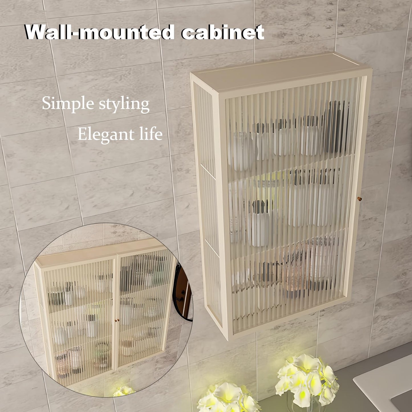 Kferfft Bathroom Wall Cabinet 14 Inch Over The Toilet Metal Storage Cabinet with Glass Door, Wall Mounted Medicine Cabinet for Bathroom Laundry Room Bedroom (Beige, 23.6x13.8x6IN)