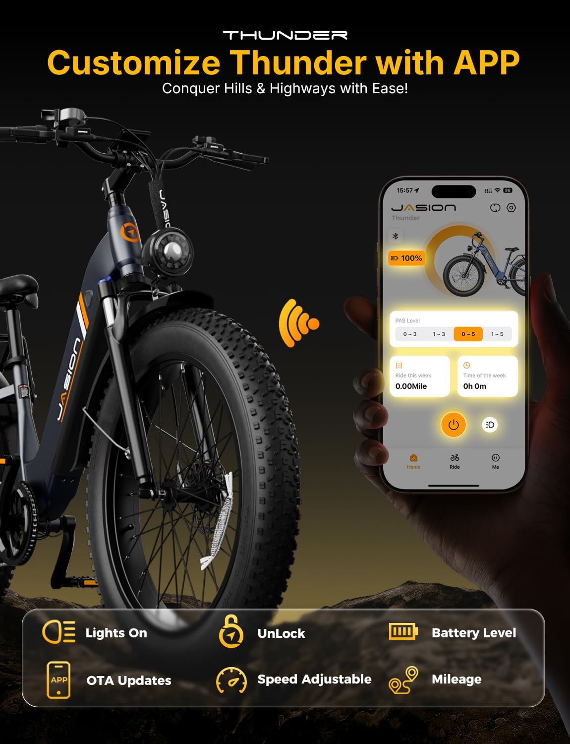 Jasion Thunder Electric Bike for Adults,1800W Peak Fat Tire E Bikes,26''x 4'',80 Miles with 864Wh Removable Battery Ebike, 30+MPH Max Speed Bicycles,Hydraulic Brakes,Front Suspension