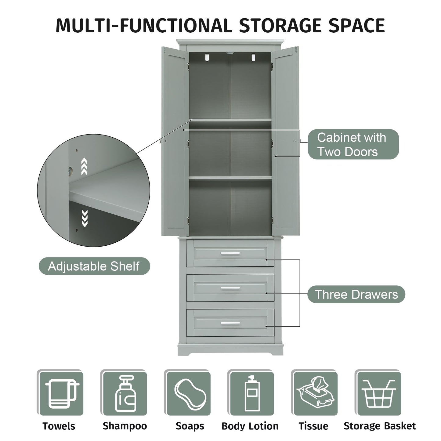 62.2" Wide Storage Cabinet Pantry Cupboard with Doors and Drawers for Home Kitchen, Bathroom and Living Room, Adjustable Shelf, White