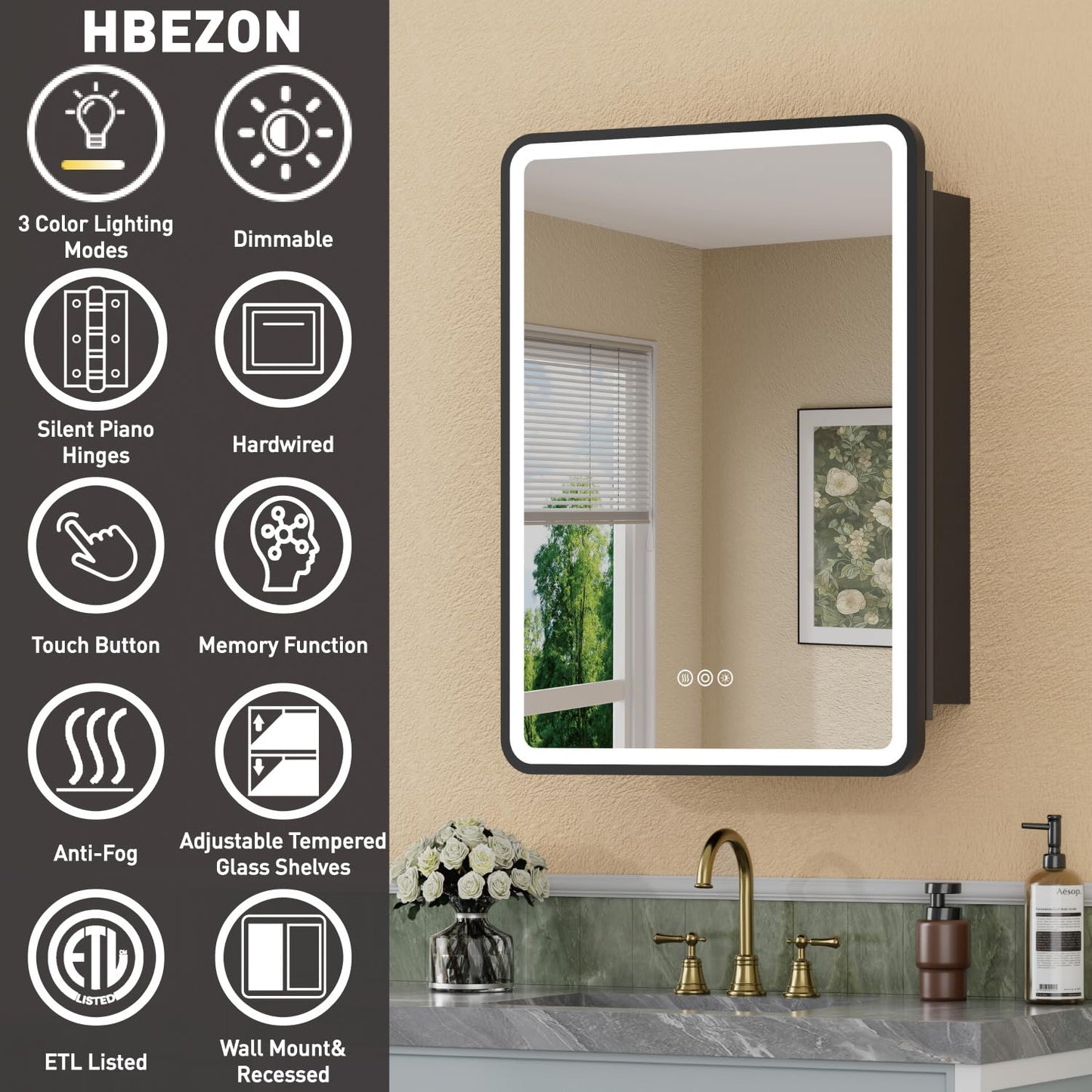 HBEZON 20 x 28 Inch Recessed Medicine Cabinet Mirror with Lights, Wall Mounted LED Bathroom Mirror Cabinet, Dimmable, Anti-Fog, Memory Function, 3 Color Modes, Adjustable Shelf, ETL Certified, Black