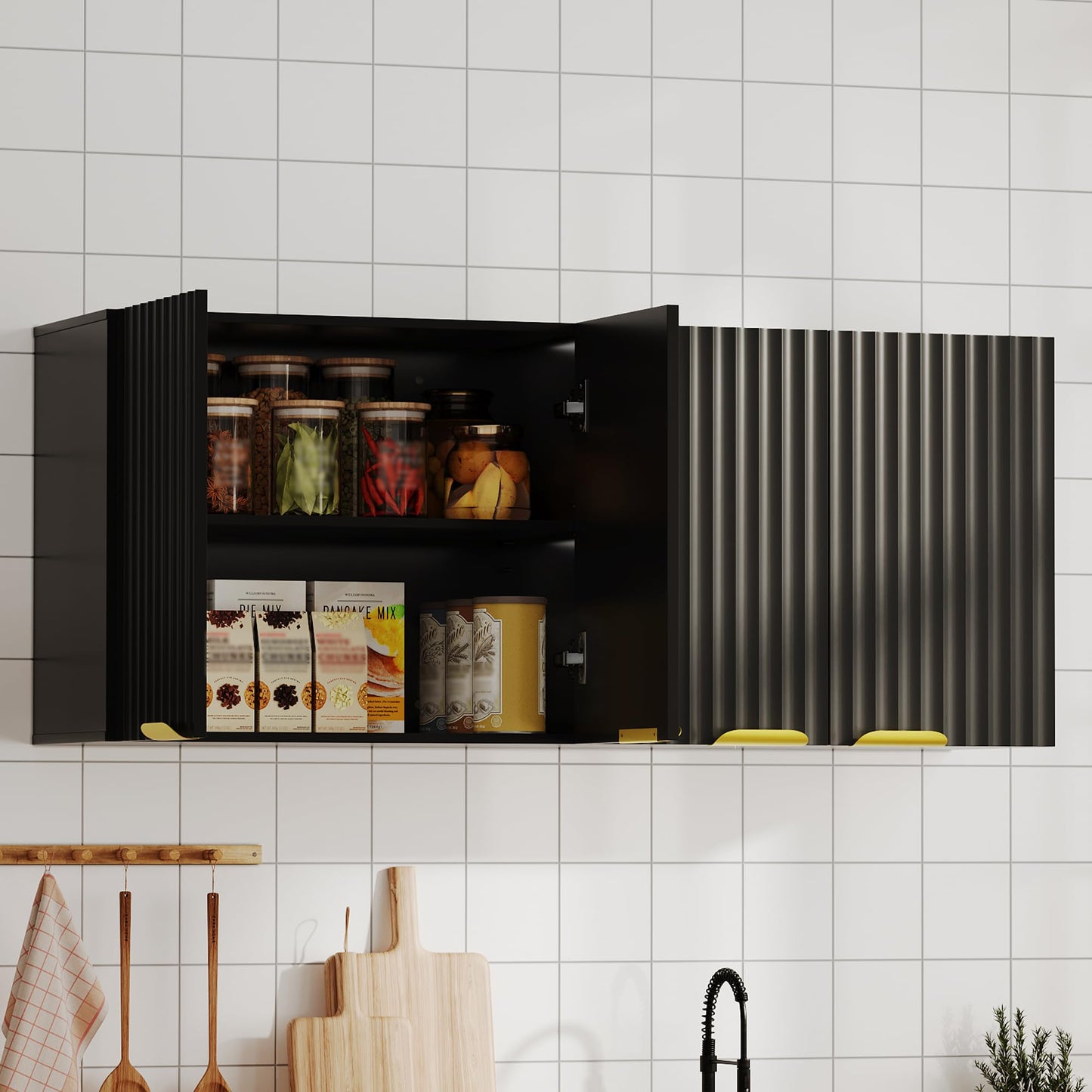 ChooChoo 4 Doors Wall Cabinet Laundry Room, Bathroom Wall Cabinet with Adjustable Shelf, Fluted Wall-Mounted Medicine Cabinet, Storage Cabinet for Kitchen, Garage, Black