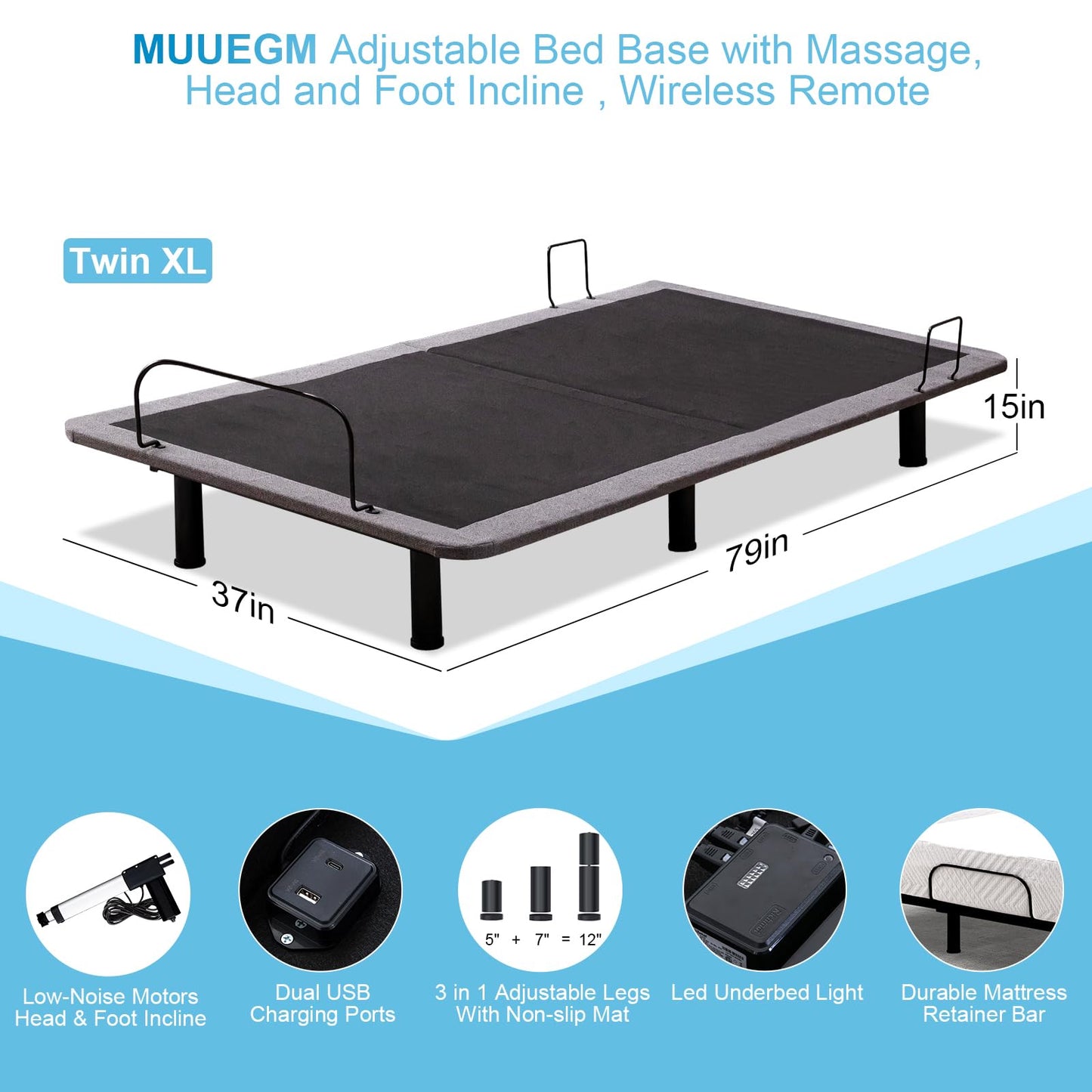 MUUEGM Adjustable Bed Frame Base Twin XL Massage,Wireless Remote Control,Ergonomic Electric Head and Foot Incline,Zero Gravity,Anti-Snore,USB Ports,Easy Assembly,Under-Bed Nightlight,Memory Pre-Sets