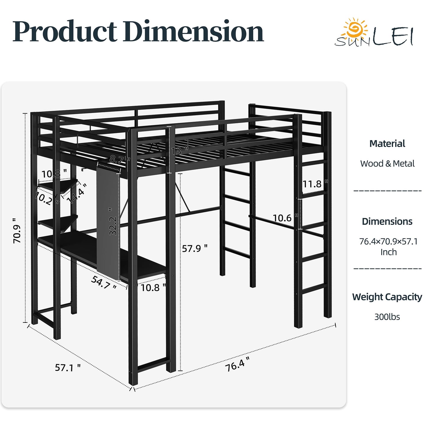 SUNLEI Loft Bed with Desk, Metal Loft Bed Full Size with 2 Built-in Ladders, Space-Saving Bed Frame, with Safety Guard, Noise Free for Small Bedroom, (Full Size) Black