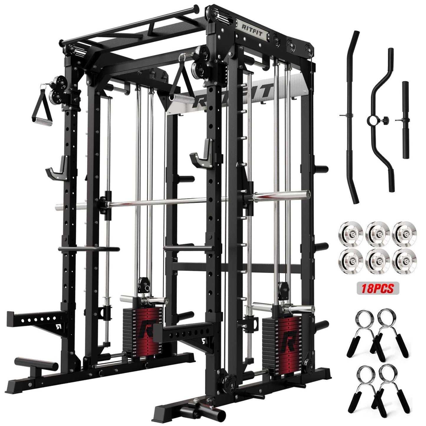 RitFit M2 Smith Machine with Cable Crossover System, 3D Functional Trainer & Power Cage, 16 Adjustment Holes, 6 Storage Pegs for Full-Body Home Gym(M2 PRO-3D Black)