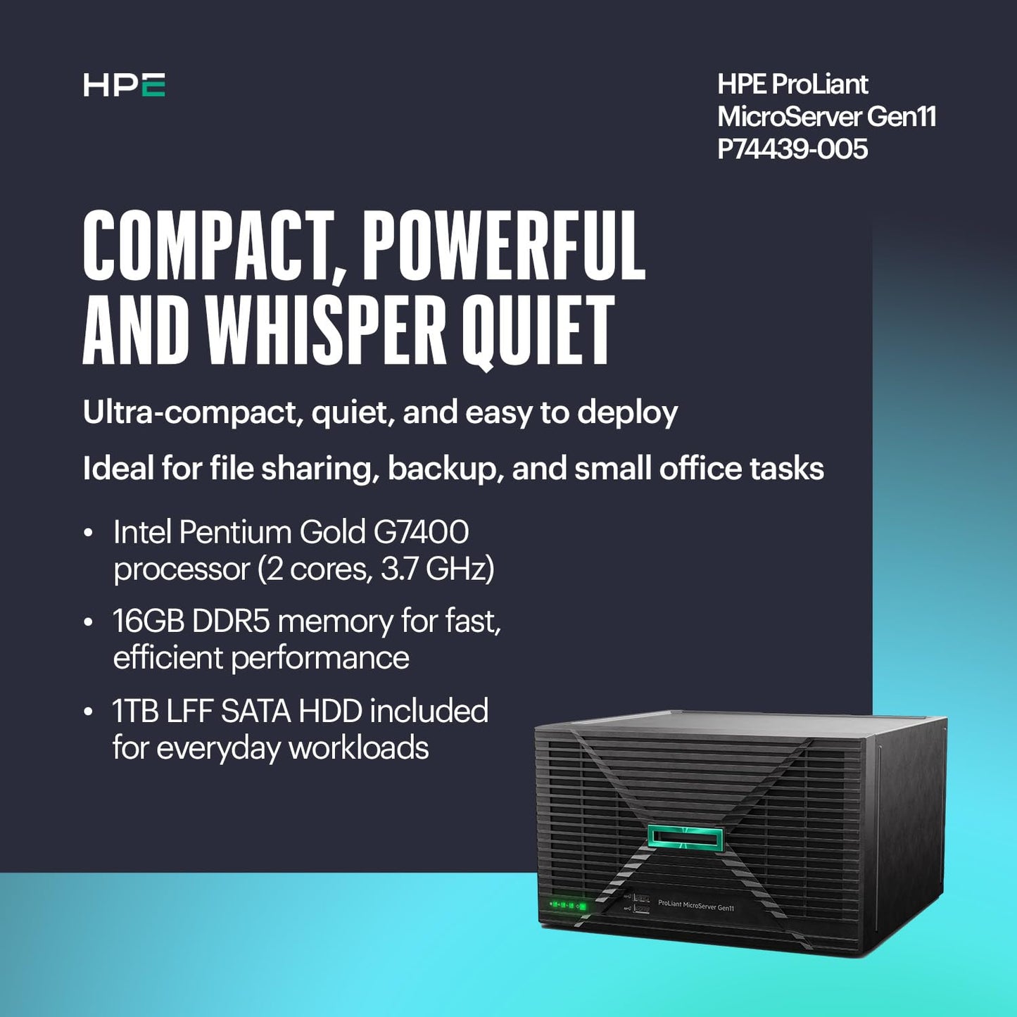 Hewlett Packard Enterprise ProLiant MicroServer Gen11 Tower Server, Intel Pentium Gold G7400 Processor, 16GB Memory, 1TB HDD Storage, External 180W US Power Supply (HPE Smart Choice P74439-005)