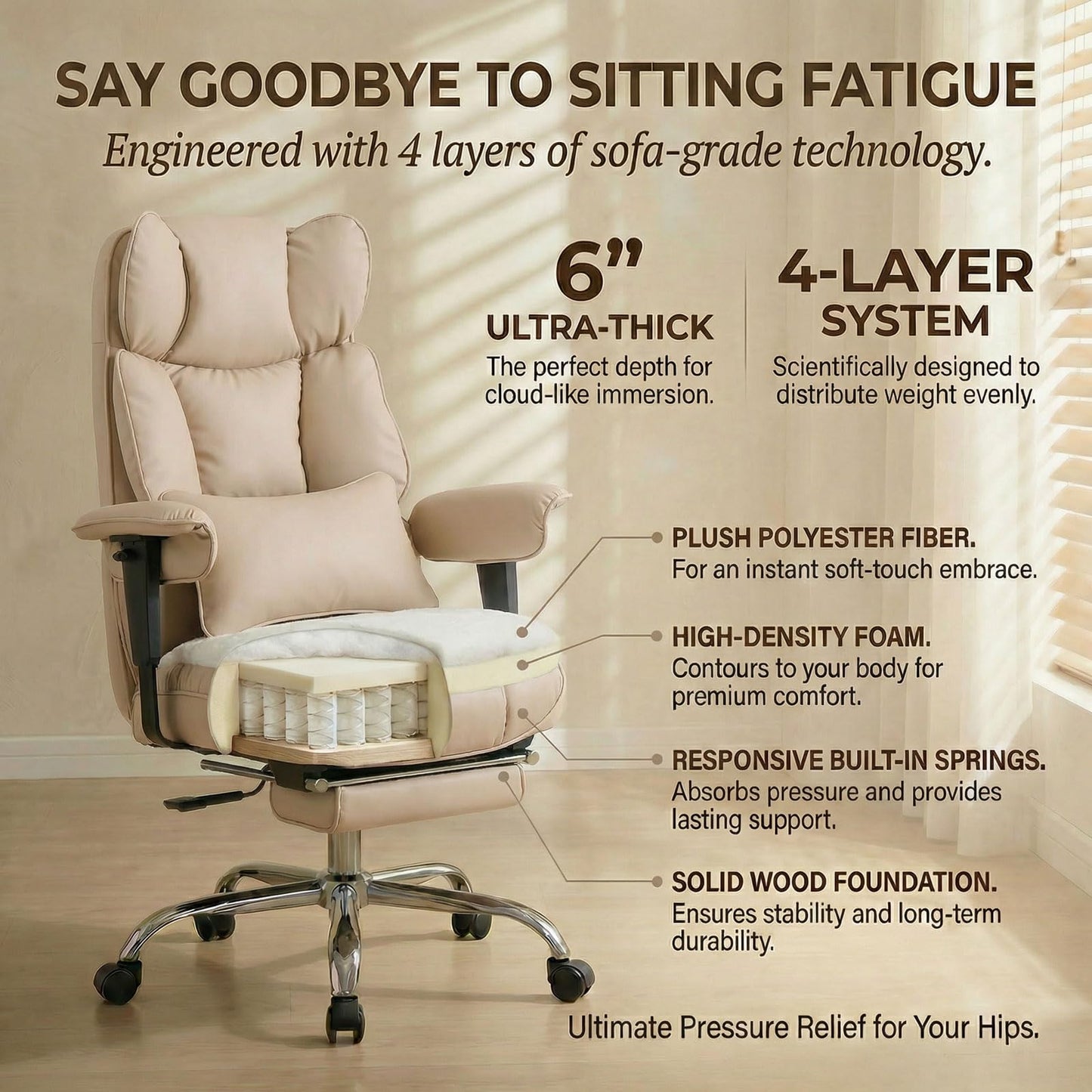 Efomao Big and Tall Office Chair 400lbs - Heavy Duty Reclining Desk Chair with Footrest, Spacious High Back PU Leather Executive Chair, Double-Layer Spring Support, Dark Beige