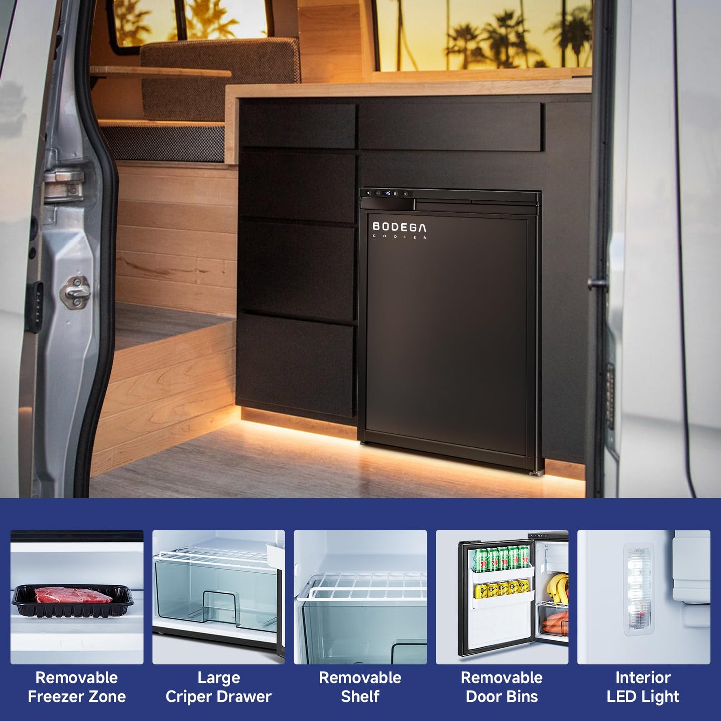 BODEGACOOLER 12-Volt Refrigerator, 65L(2.3cu.ft) RV Fridge Freezer with APP Control & Child Lock, Travel Compressor Cooler -4℉-46℉, 12/24V DC for Truck, RV, Camping