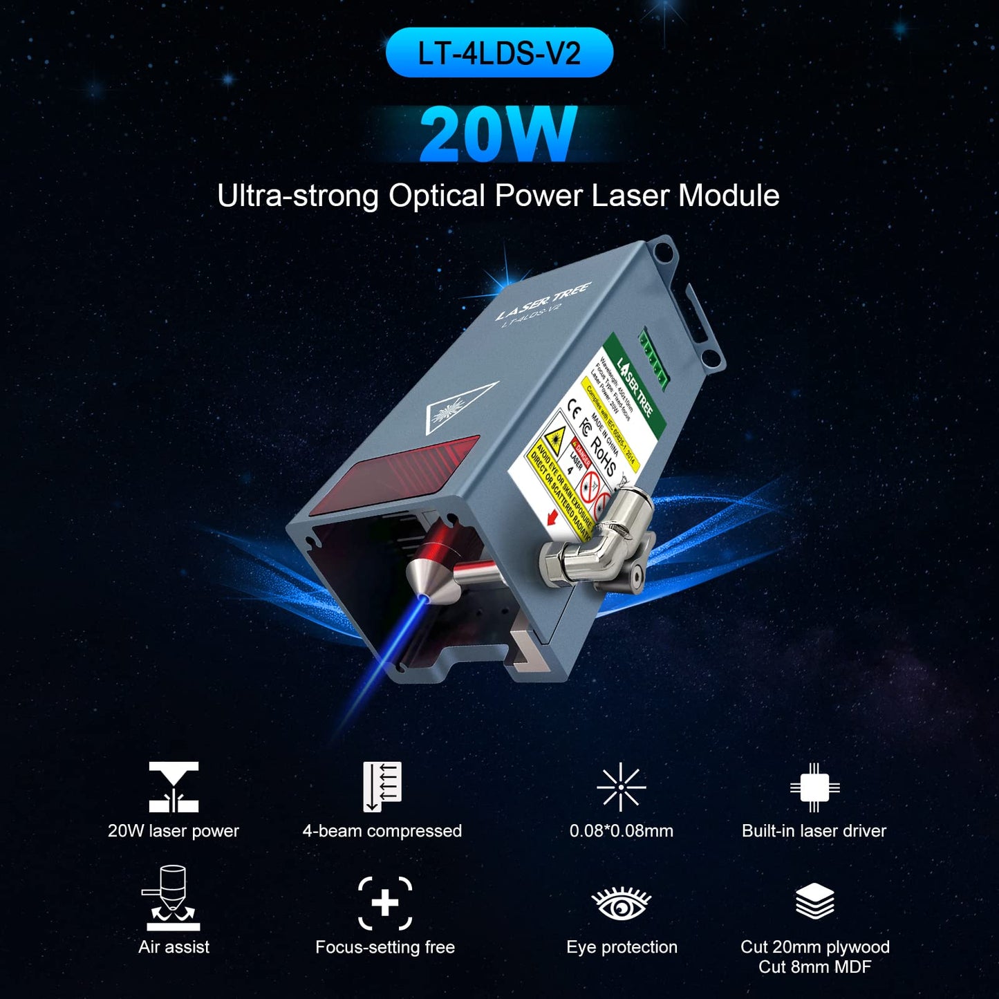 LASER TREE Laser Engraver Module, 20000mW(20W) Output Optical Power, Laser Engraver Cutter Module with Air Assist, High Accuracy Quad-Compression Spot Laser Head, Engraving 340+ Colors On Metal Steel