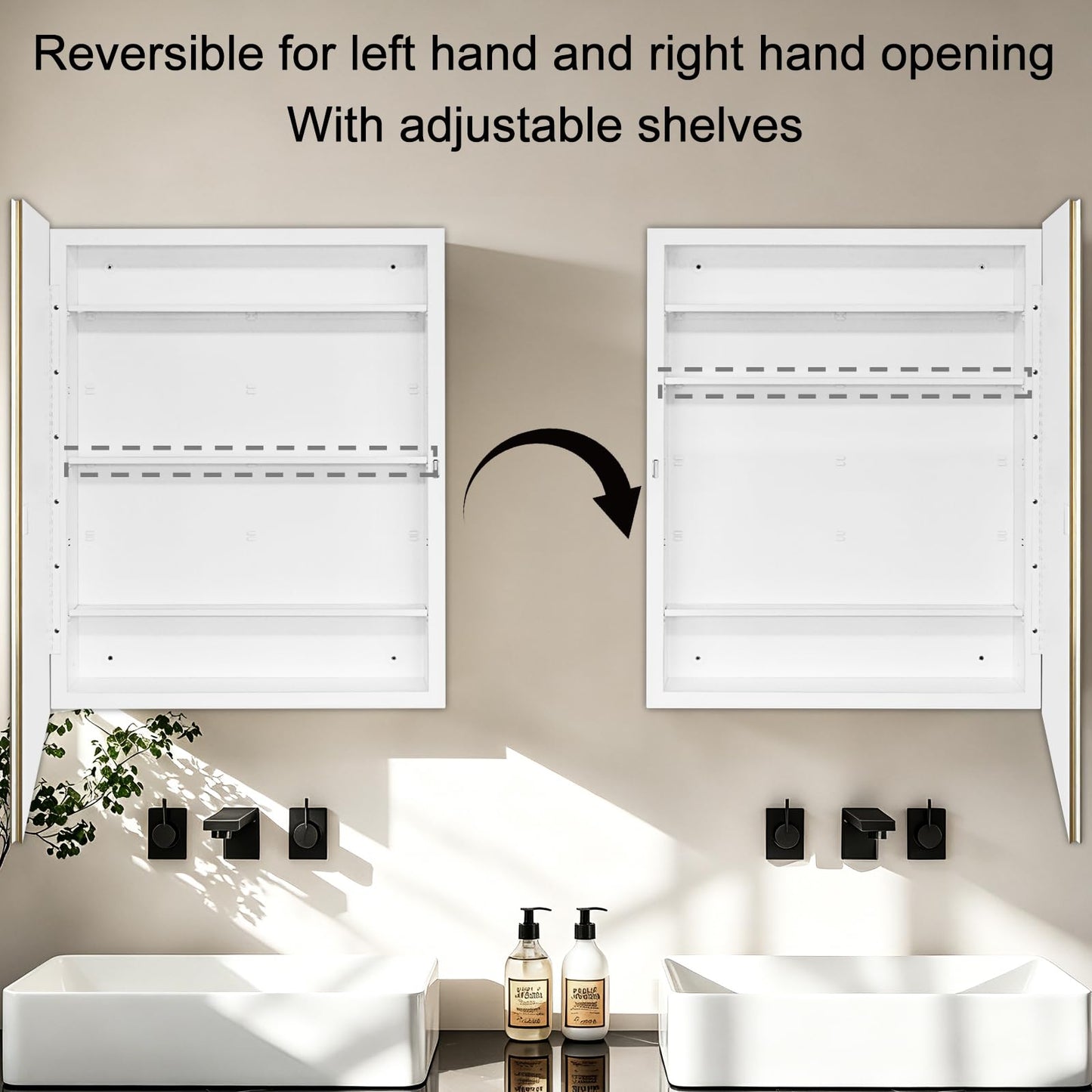 Fundin 24 x 30 White Metal Bathroom Wall Medicine Cabinet with Gold Beveled Frame Mirror, Recessed or Surface Mount,Mirror Cabinet with Adjustable Shelves