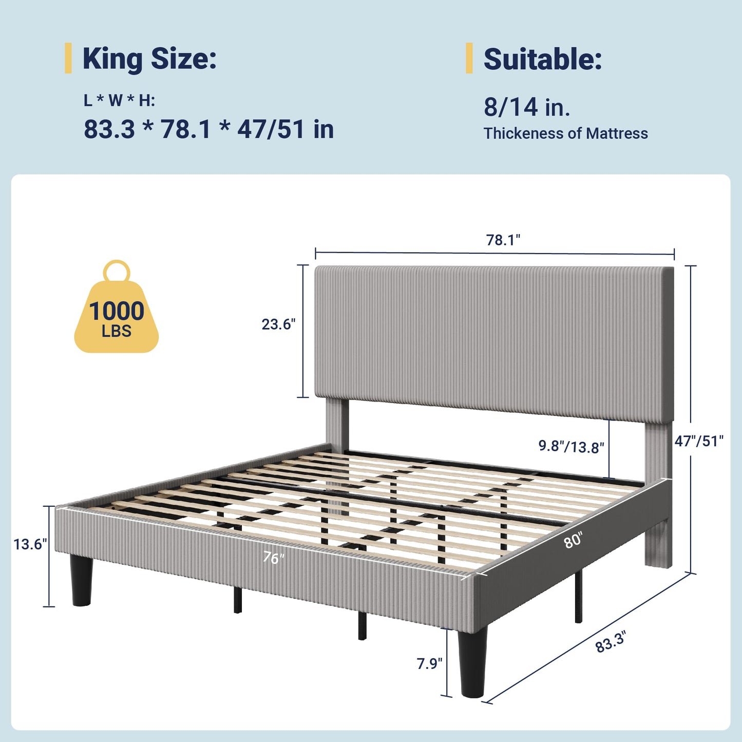 Allewie King Size Upholstered Bed Frame with Vertical Channel Tufted Headboard, Soft Corduroy Fabric Platform Bed, Strong Wooden Slats Support, Easy Assembly, No Box Spring Needed, Light Grey