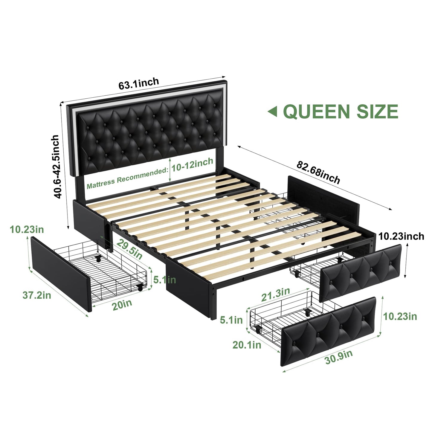 Keyluv Queen Size LED Bed Frame with 4 Storage Drawers and Adjustable Headboard, PU Leather Upholstered Button Tufted Modern Platform Bed, Solid Wooden Slats Support, Easy Assembly, Black
