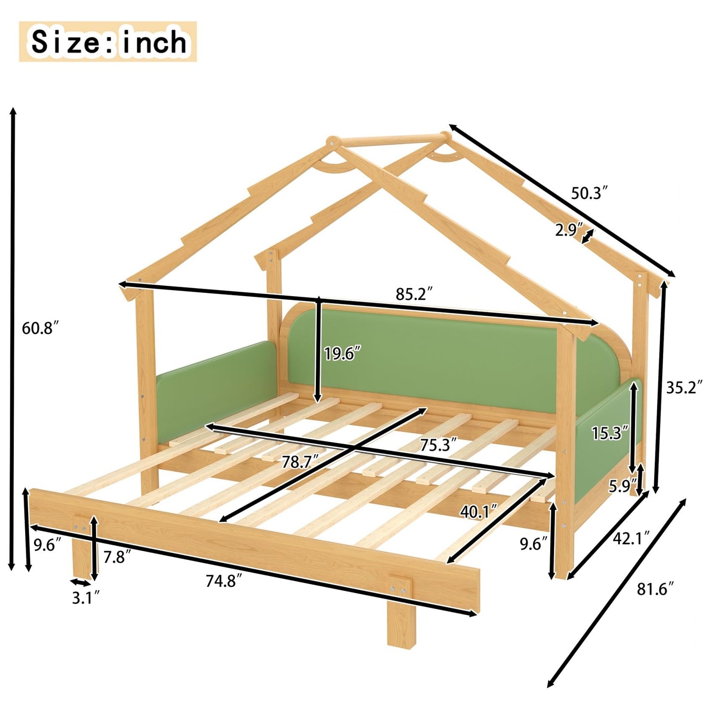 KEIKI Treehouse Extending Twin Size Bed Frames with Cushion Rails & Trundle, Upholstered Montessori Twin Daybed Bed Captain Platform for Kids Girls Boys Teens, No Box Spring Needed, Pine Solid Wood