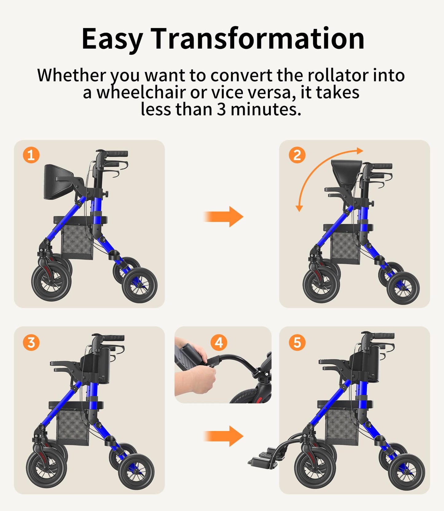 VOCIC Transport-Wheelchair-Lightweight-Foldable, Walker Wheelchair Combo, Rollator-Walkers-for-Seniors-with-Seat, 2 in 1 Rolling Walker, 300lb Adults 4 Wheel Transport Chair w/Brakes & Pouch