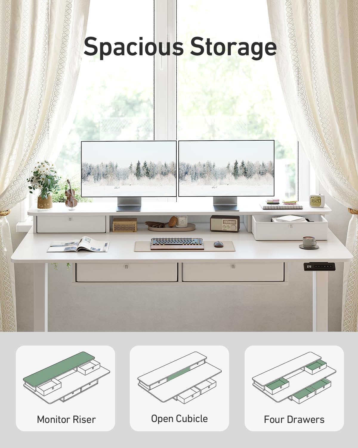 CubiCubi 60" x 30" Standing Desk with Drawers, Height Adjustable Electric Workstation, Computer Sit Stand Up Table with Large Storage Shelf 4 Drawers and 2 Hooks, White