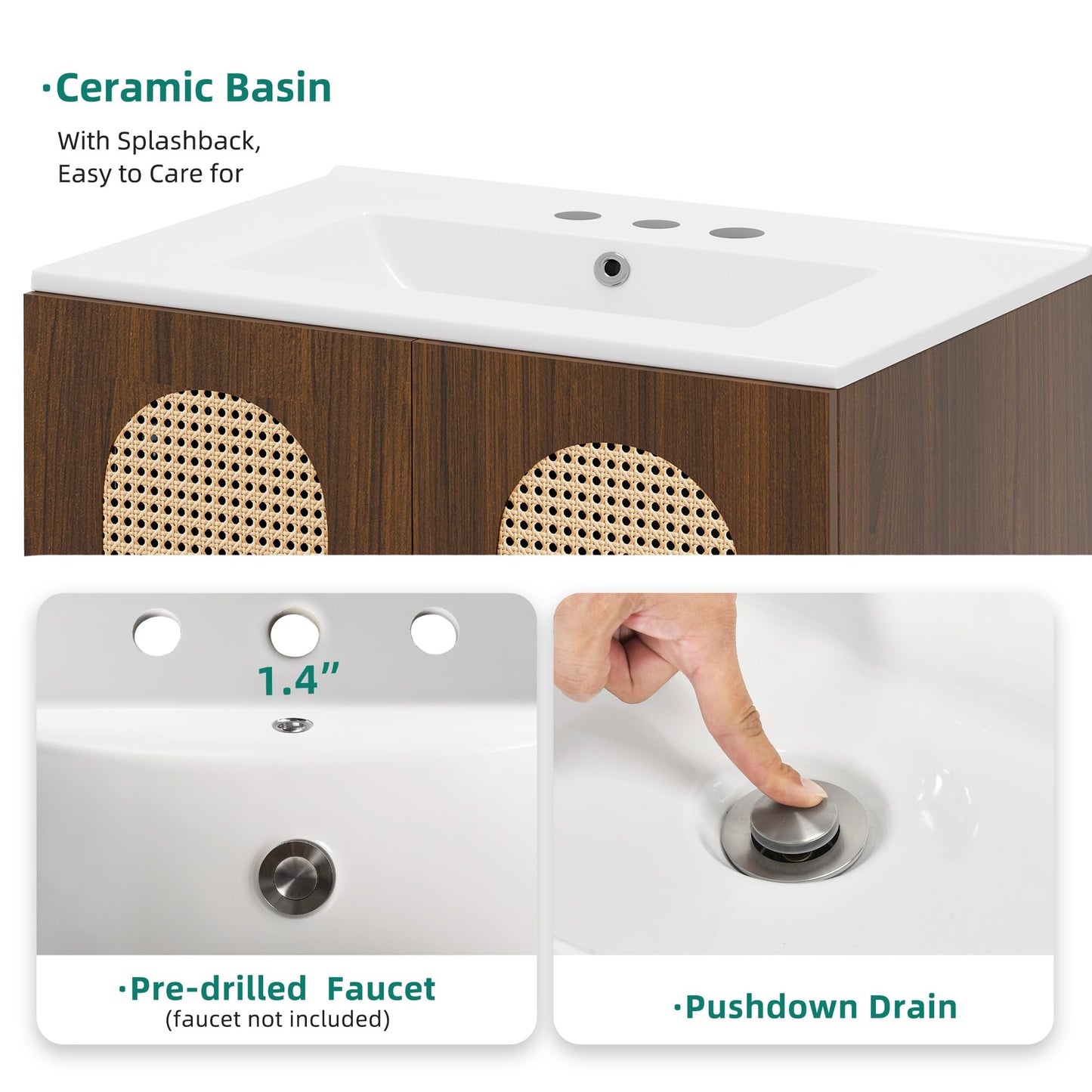 DWVO 24 Inch Rattan Vanity with Sink, Small Freestanding Bathroom Vanity Cabinet, Boho Style with 2 Large Soft-Closing Doors & Four-Sided Water Barrier Strip, Walnut