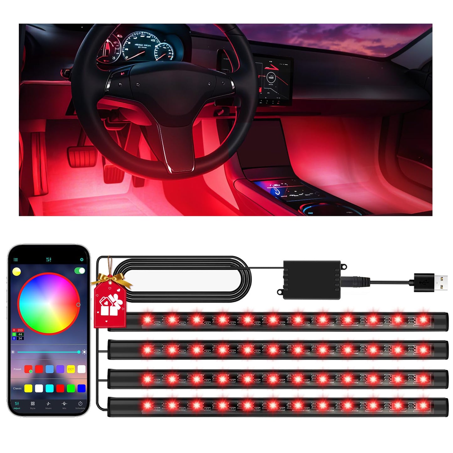 Zdovivot LED Interior Lights for Cars, APP Control, USB Port, Multicolor, Model QM2753-1
