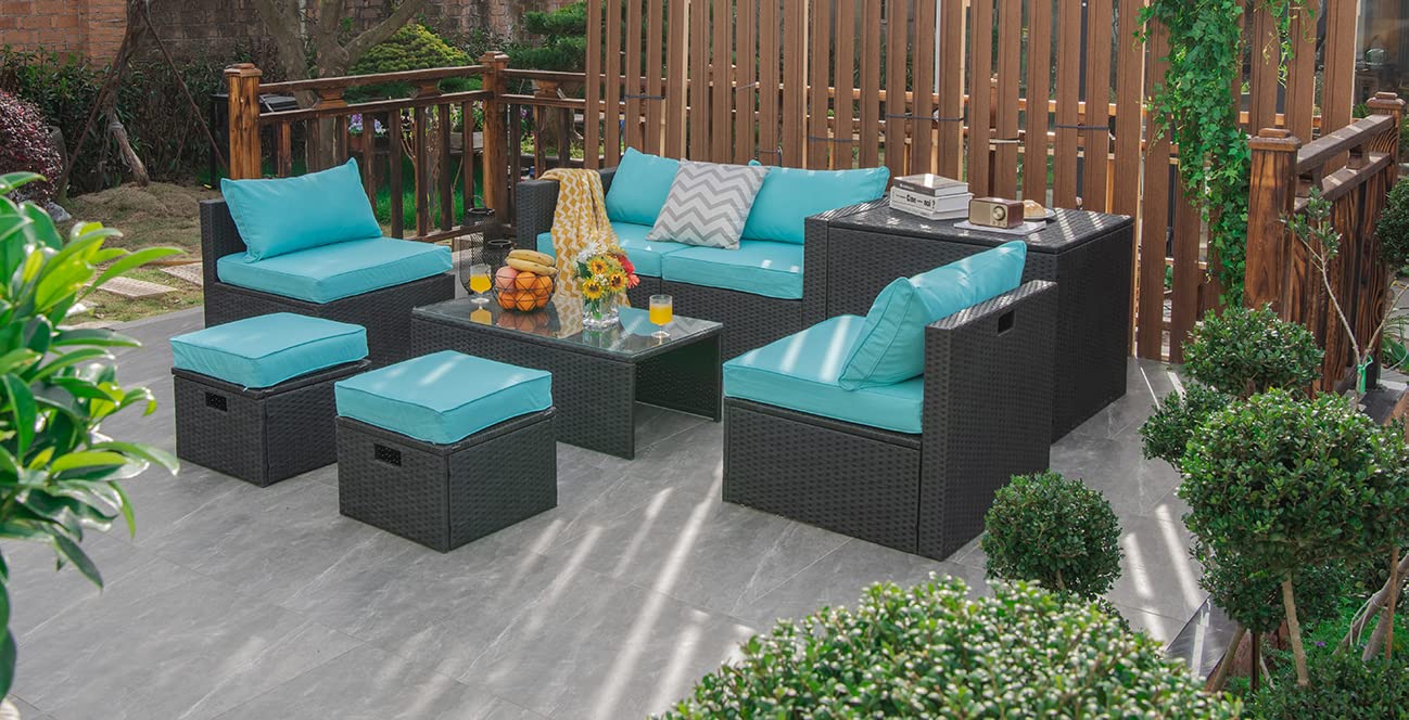 Tangkula 8 Pieces Patio Furniture Set with Waterproof Cover, Patiojoy Space Saving Outdoor PE Rattan Set with Storage Box, Tempered Glass Table, 2 Ottomans, 2 Armless Sofas & Corner Sofas