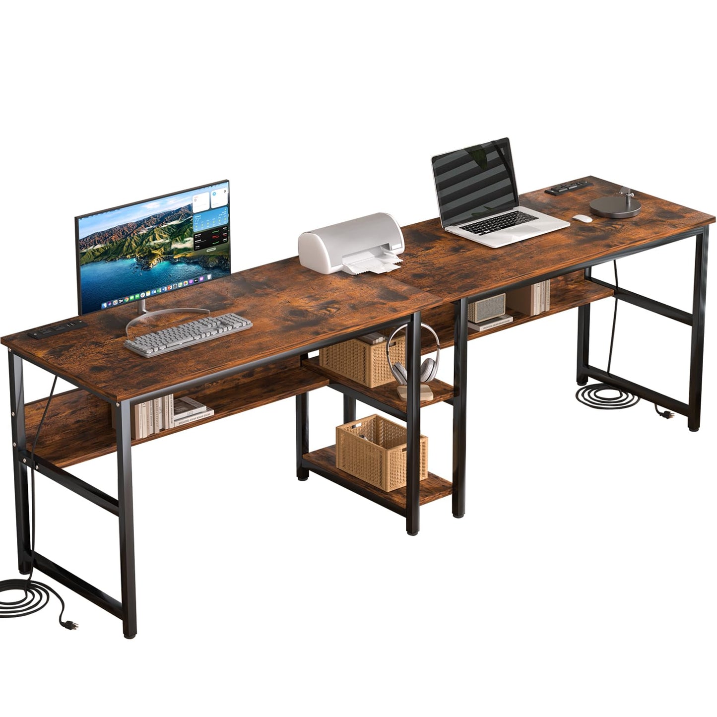 Ytaoka 78.74" Two Person Desk with 2 Power Strips, Double Desk with Shelves, Long Computer Desk for Two People, Wood Writing Desk Workstation for Home Office, 23.62"D x 78.74"W x 29.52"H, Rustic Brown
