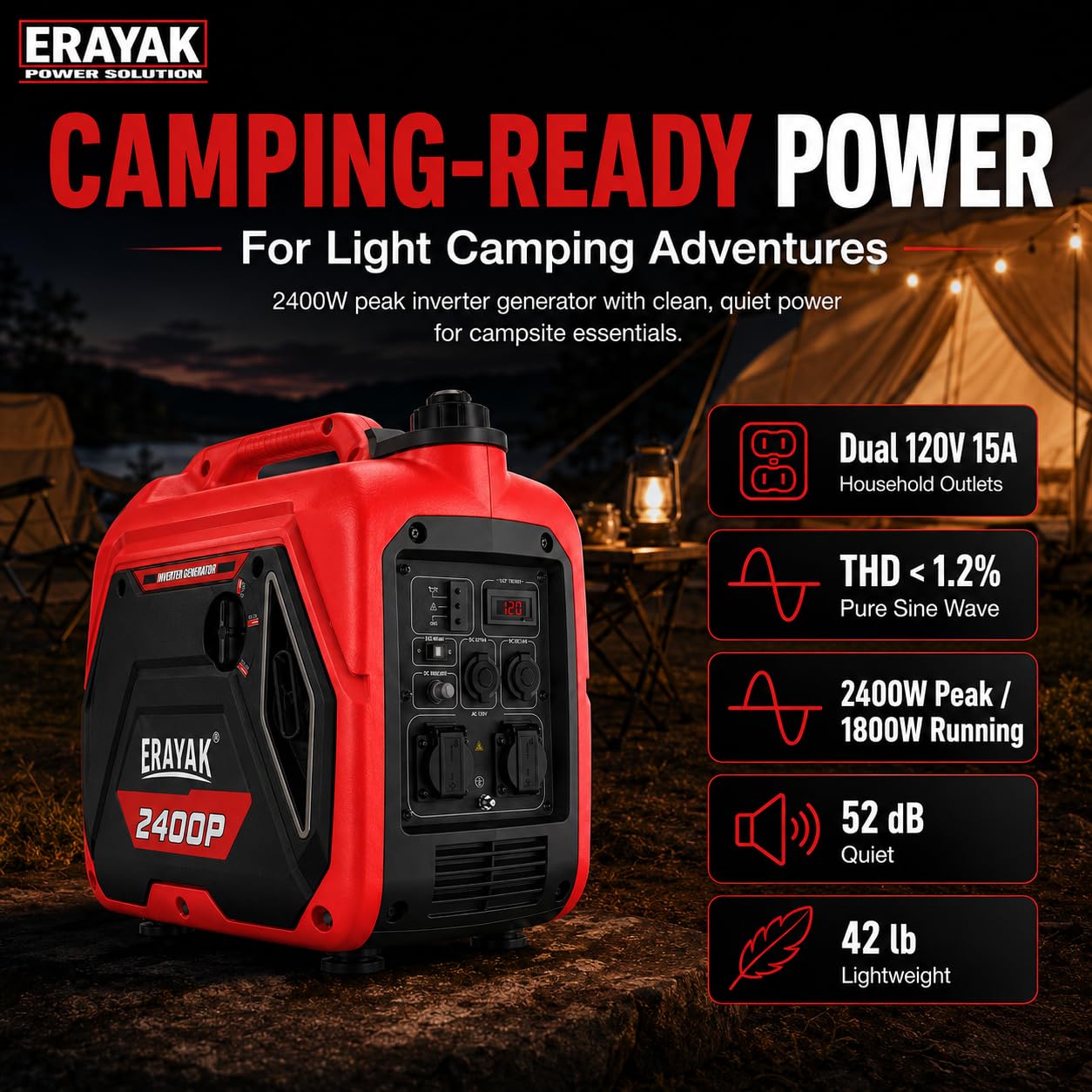 ERAYAK 2400W Portable Inverter Generator for Home Use, Super Quiet Small Generator for Camping Outdoor Emergency Power Backup, Gas Powered Engine, EPA, ECO Mode