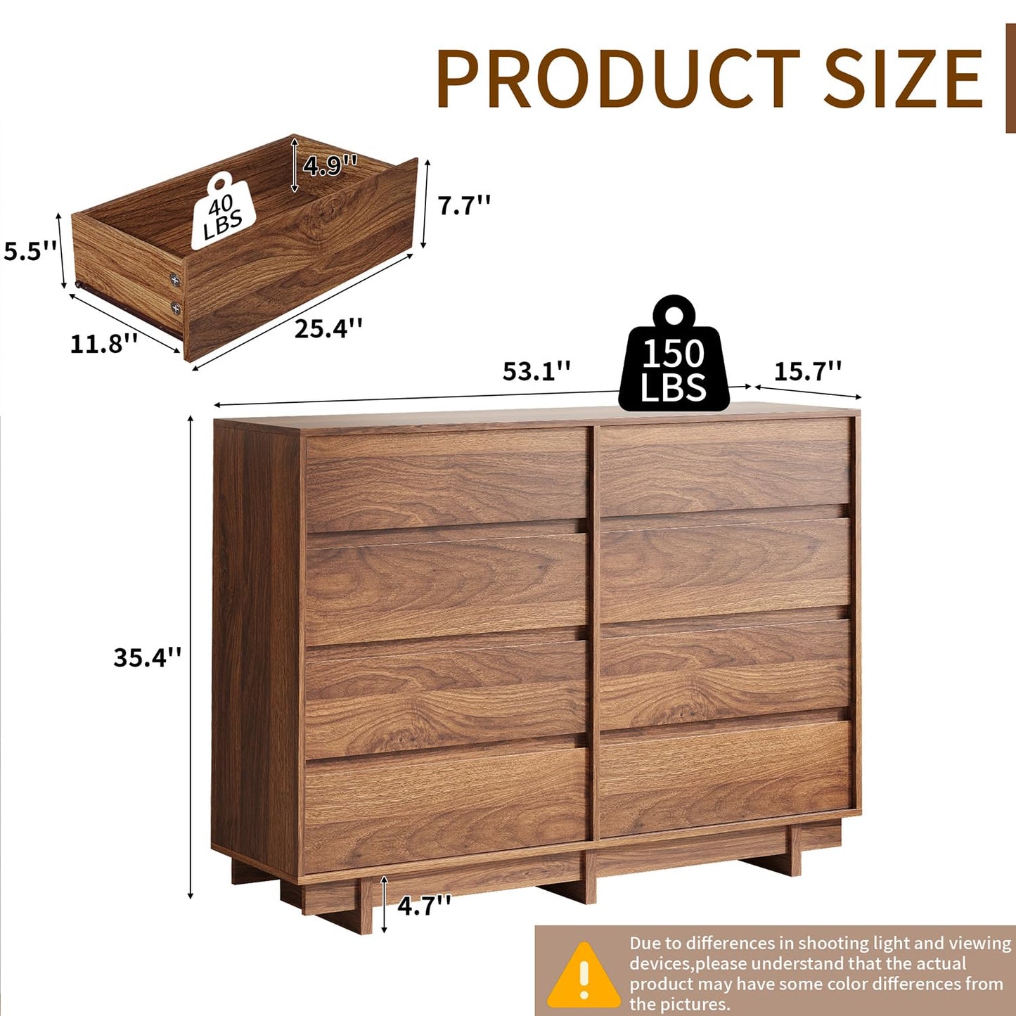 CHUWELL 53" Wide Dresser for Bedroom,Walnut Mid Century Modern Dressers with 8 Drawers, Adequate Capacity Storage,Closet Clothes Organizer for Bedroom