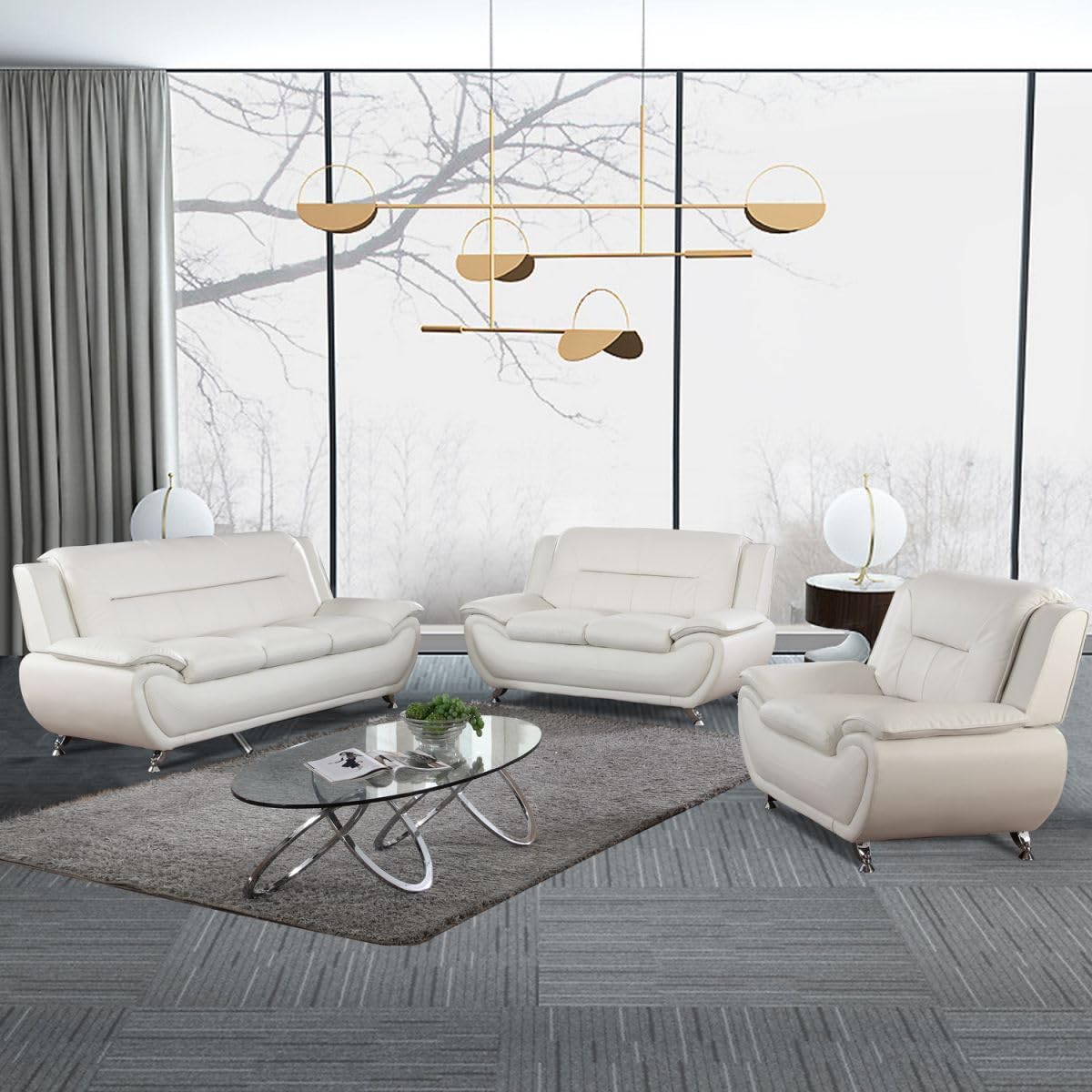 UOCFYK Lounge Comfy Faux Leather Sectional Sofa Modern Couch for Small Living Room/Dorm/Bedroom/Office/Apartment for Small Spaces, (White, Three-Piece)