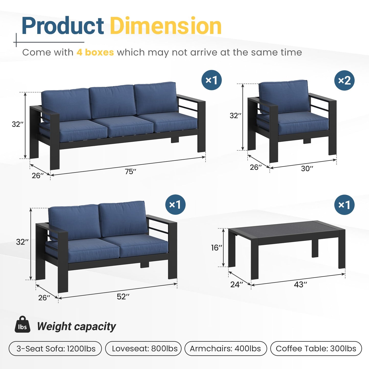 Solaste Aluminum Patio Furniture Set for All Weather, Modern Metal Outdoor Furniture Set with 27.5" Deep Seating and 3.2" Wide Armrest, Outdoor Patio Conversation Set with 10" Back Cushion, Blue