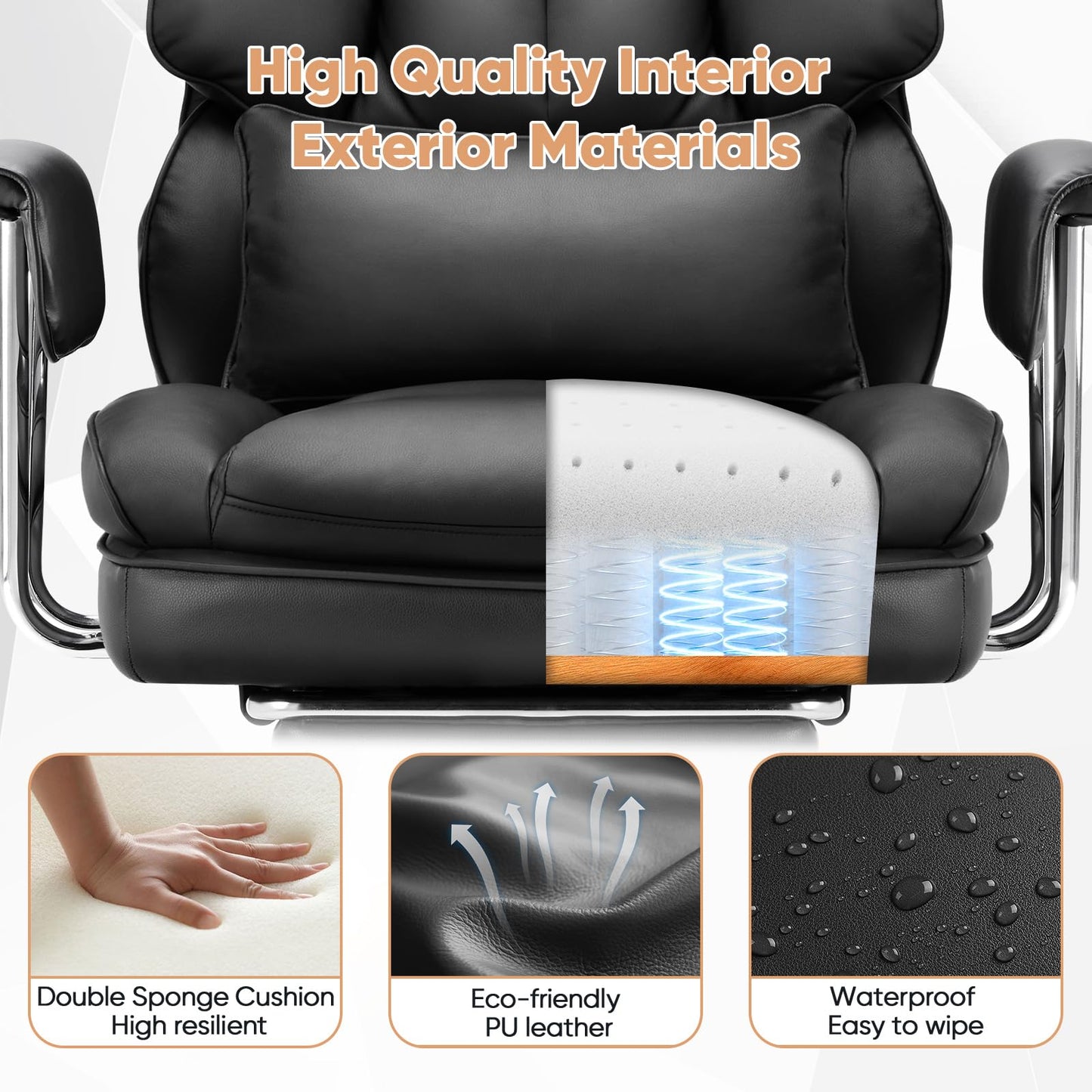 Sweetcrispy Executive Home Office Desk Chair - Ergonomic Big Tall High Back with Footrest & Lumbar Support, Reclining Height Adjustable, Comfy PU Leather Computer Gaming with Swivel Wheels, Black