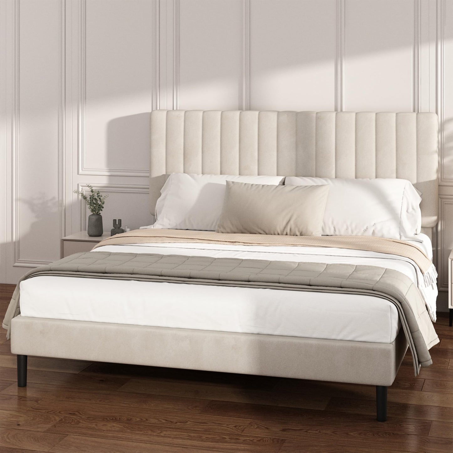 Mxhtcewz Queen Size Platform Bed Frame with Vertical Channel Tufted Headboard, No Box Spring Needed, Noise-Free, Easy Assembly, Beige Velvet