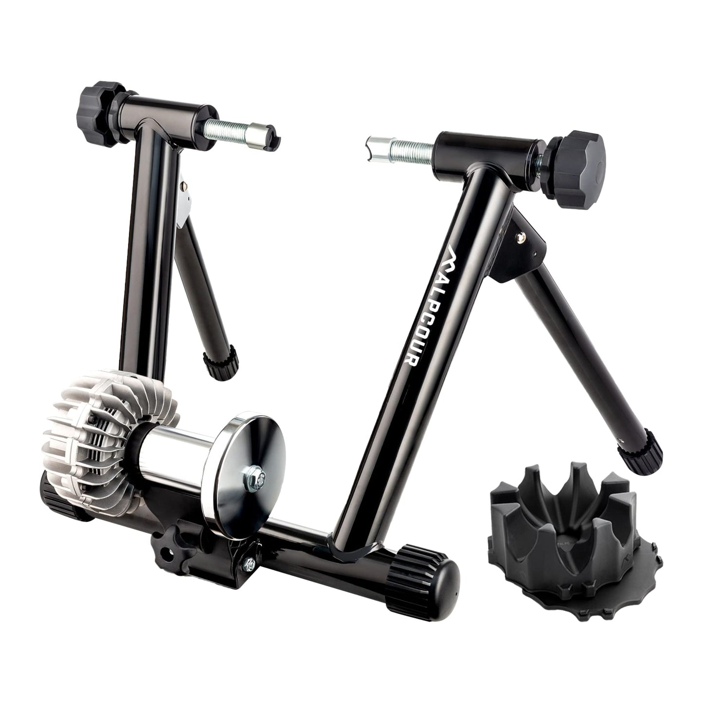 Alpcour Fluid Bike Trainer Stand for Indoor Riding – Portable Stainless Steel Indoor Trainer, Noise Reduction, Progressive Resistance, Dual-Lock System – with 4-Tier Riser Block for Front Wheel