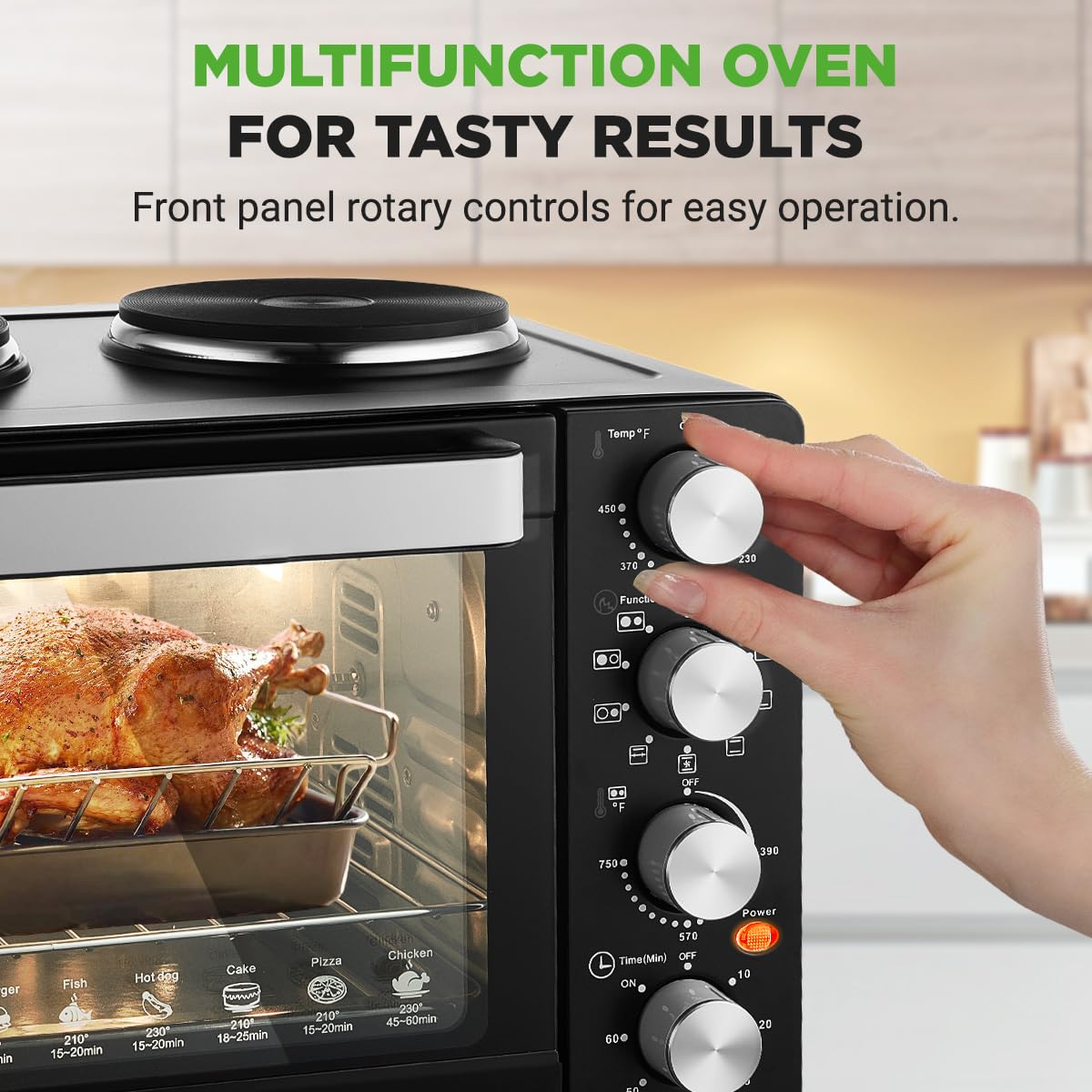 Nutrichef 2-in-1 Convection Oven & Cooker - 30 Quart, 1500W Multi-Function Kitchen Oven with Dual Hot Plates, 7 Cooking Modes Including Rotisserie, Broil, Bake - 19.6 x 16.0 x 13.5 Inches
