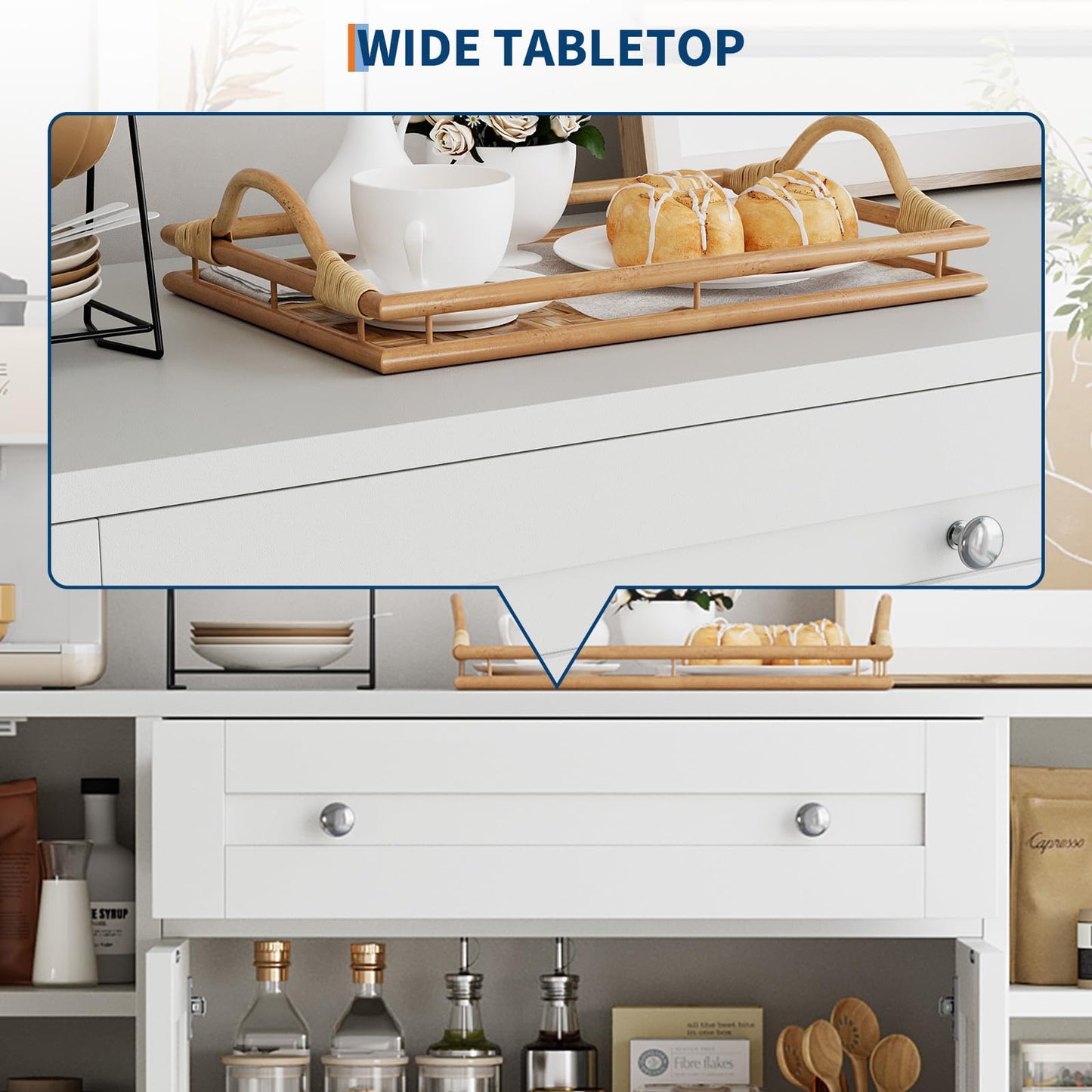 MegaChoice Modern Sideboard Buffet Cabinet with Storage, 55 in Wood Coffee Bar Cabinet with Drawer, Shelves & Door Shelves, Buffet Table Credenzas for Kitchen Dining Room Living Room, White