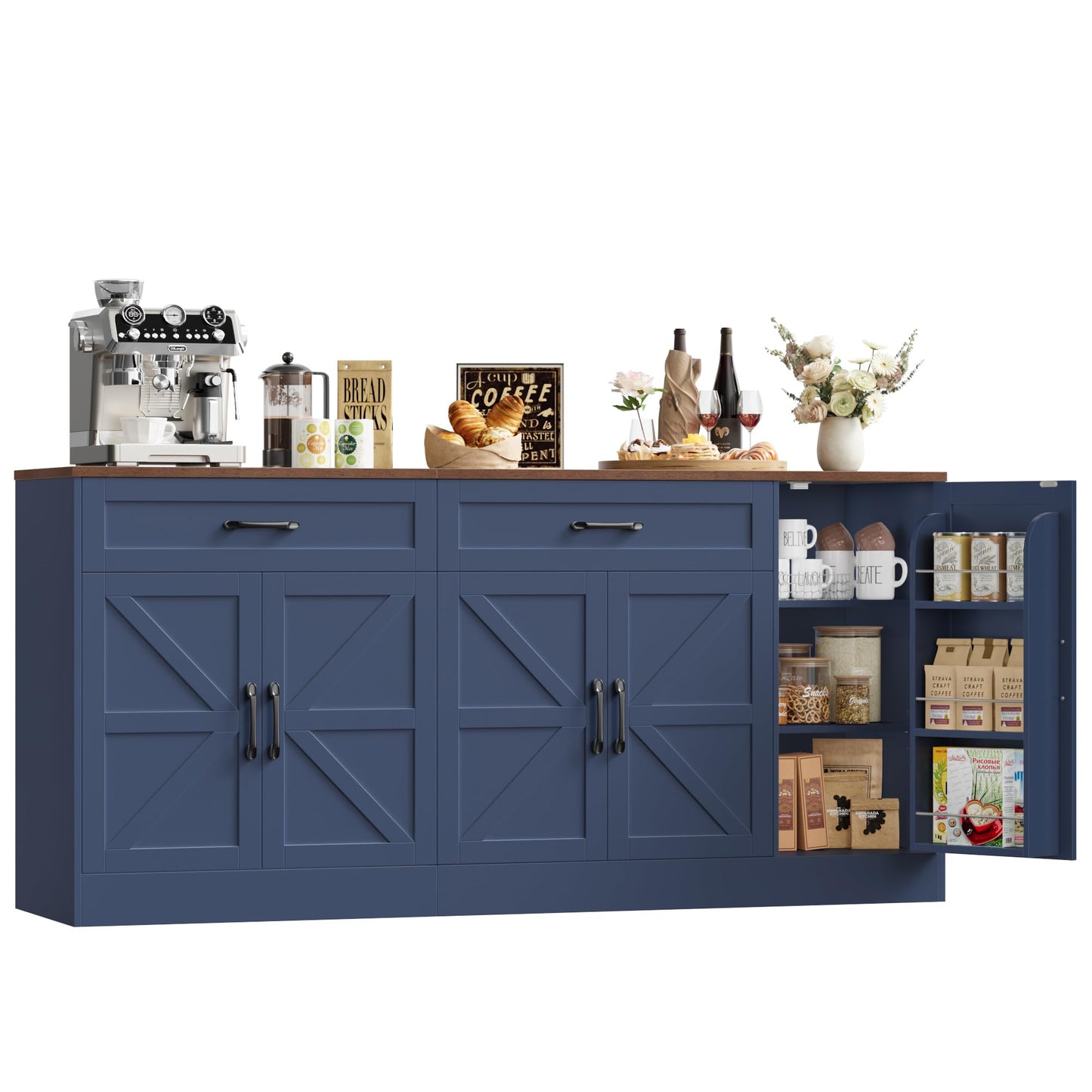 BOTLOG 71” Large Sideboard Buffet Cabinet with Storage, Farmhouse Buffet Cabinet with Adjustable Shelves and 3 Door Shelves, Wood Coffee Bar Console Table for Kitchen, Dining Room, Blue